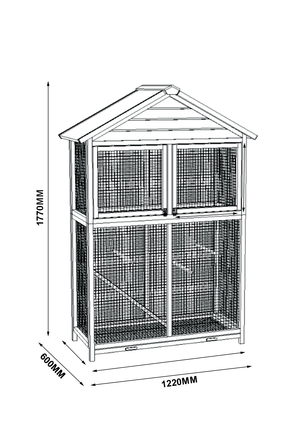 Vogelvoliere Modell XL mit den Maßen 122 cm Breite, 60 cm Tiefe und 177 cm Höhe