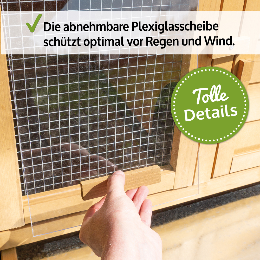 Kaninchenstall Hasenfarm mit abnehmbarer Plexiglasscheibe schützt optimal vor Regen und Wind und bietet hervorragende Details für den Schutz deiner Tiere im Garten