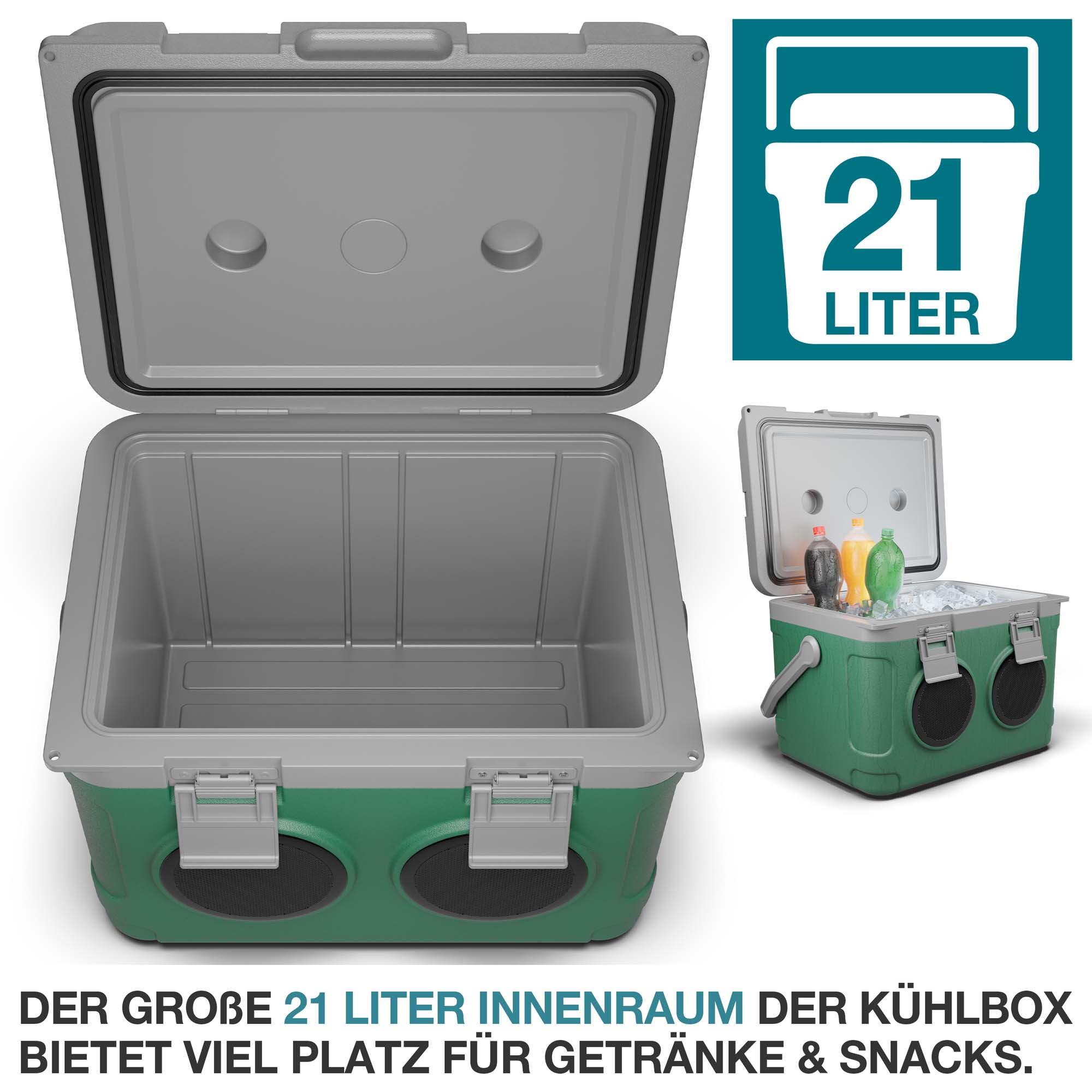 Musikkühlbox Grün - 21 Liter Fassungsvermögen – Großer Innenraum für Snacks und Getränke – Perfekt für unterwegs und Outdoor-Aktivitäten