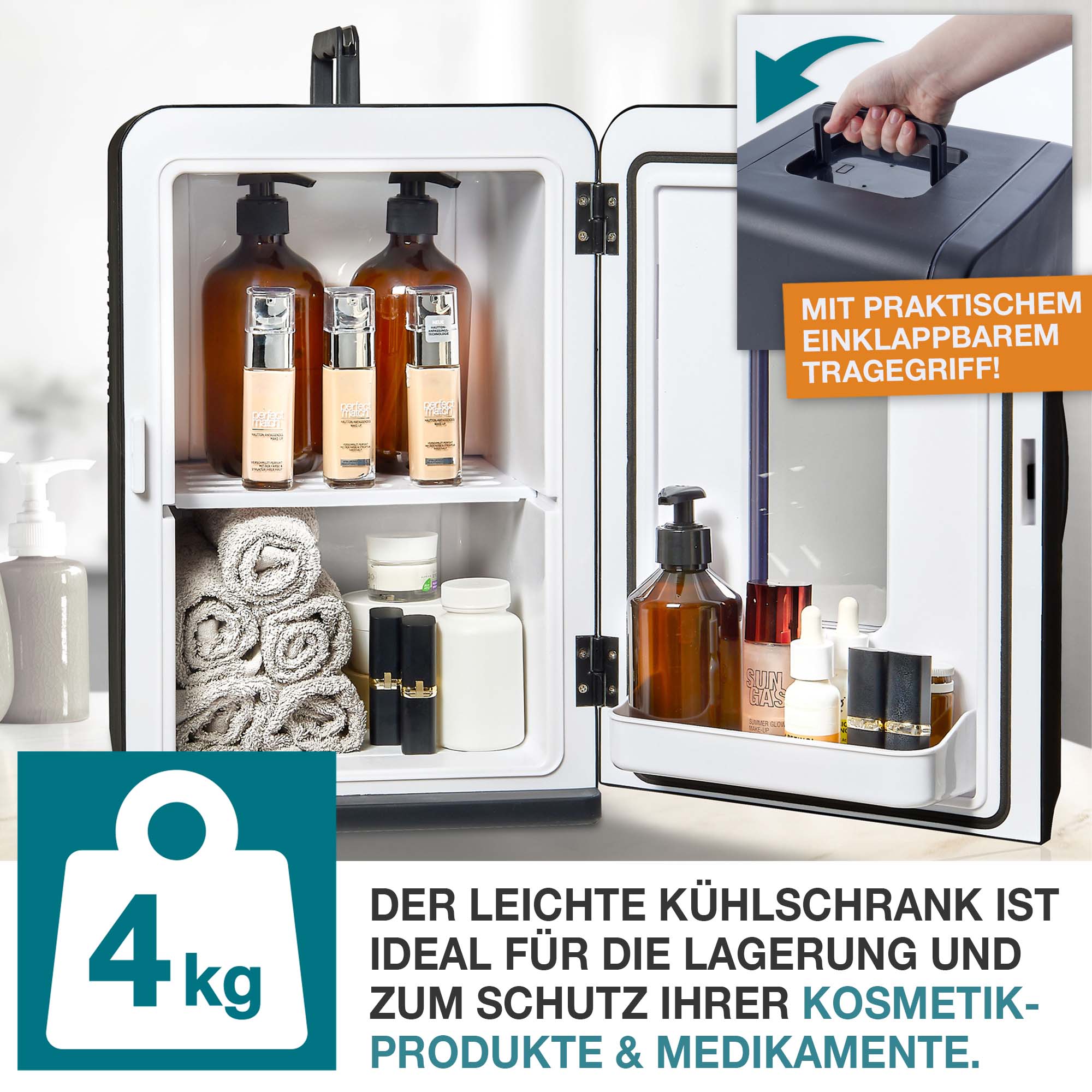 Leichtgewichtiger Kühlschrank schwarz ideal zur Lagerung und zum Schutz von Kosmetikprodukten und Medikamenten