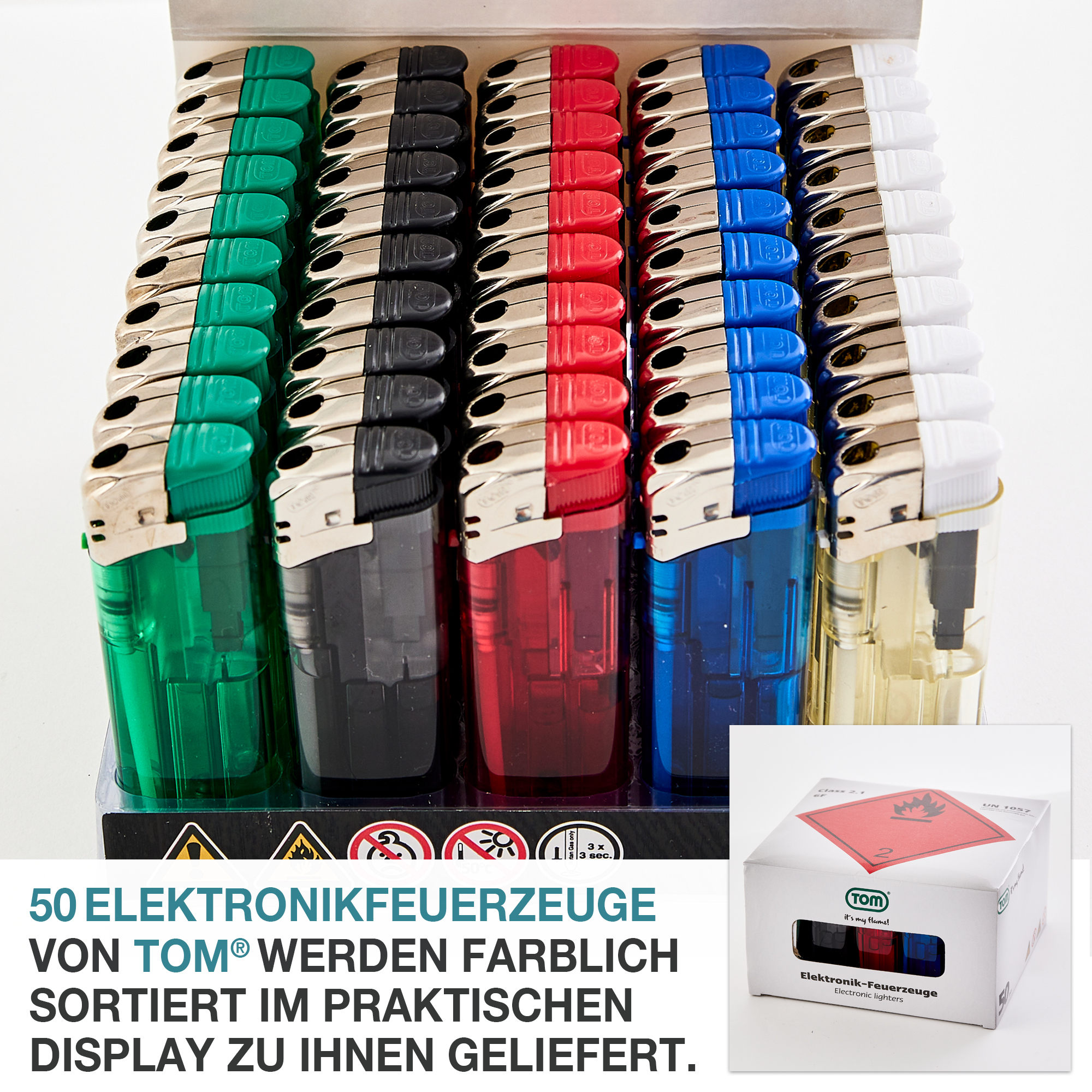 50 Elektronik Feuerzeuge von TOM - Farblich sortiert - Praktisches Display - Nachfüllbar - Winddicht - Ergonomisches Design - Ideal für drinnen und draußen - Langlebig