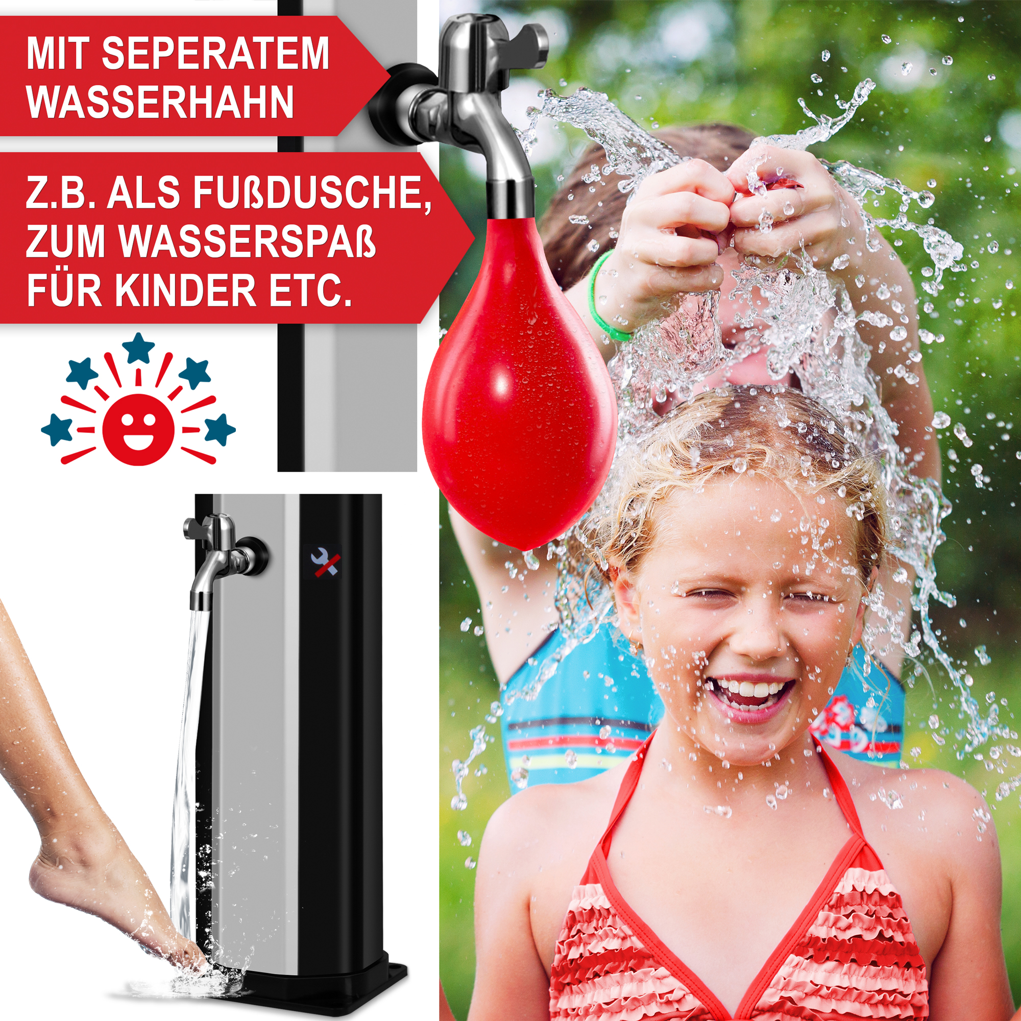 Solardusche mit separatem Wasserhahn - Fußdusche - Spaßdusche für Kinder - Gartendusche mit Kinderfunktion - Multifunktionale Außendusche - Solargeheizte Dusche - Nachhaltige Pooldusche