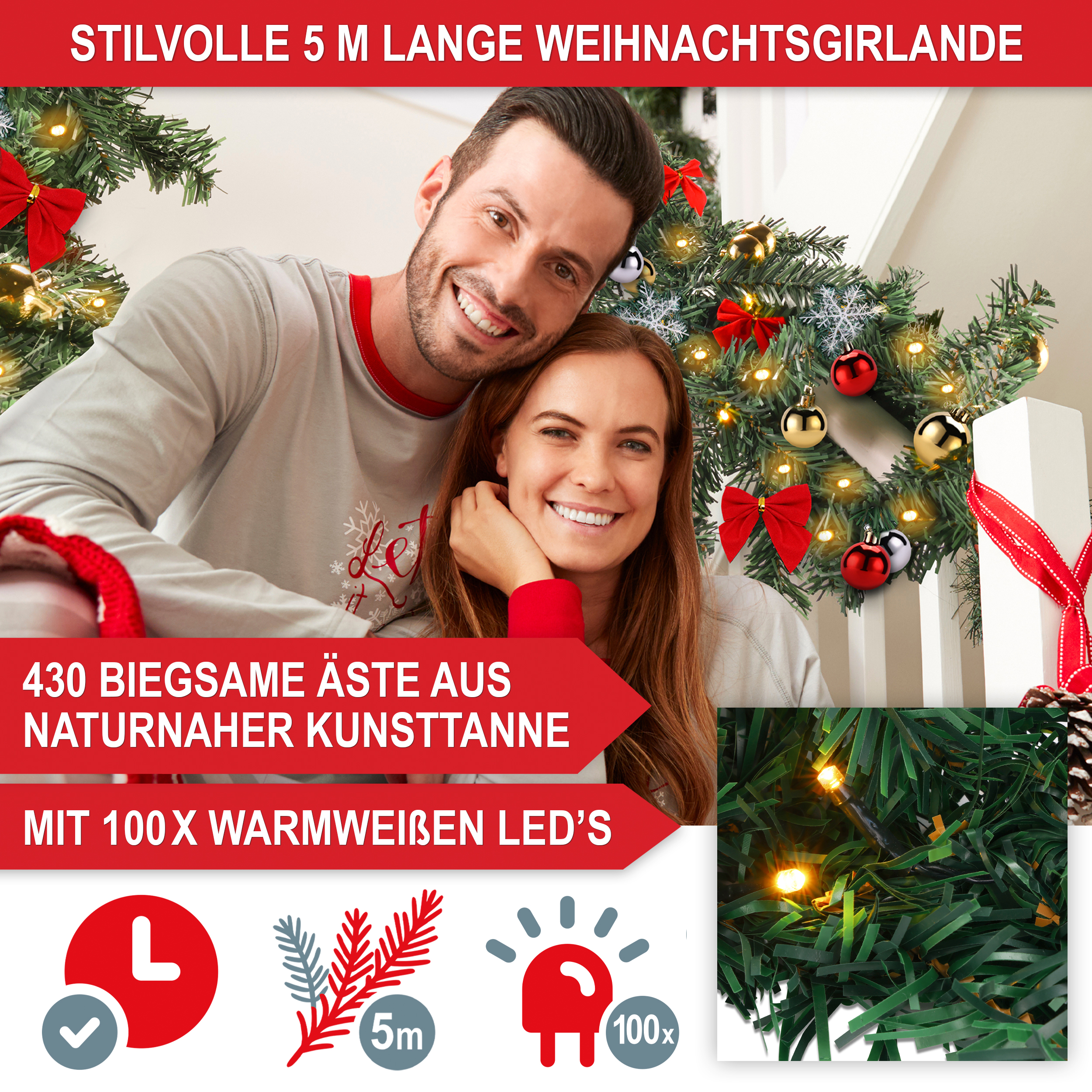 Weihnachtsgirlande - stilvolle 5 m lange Weihnachtsgirlande - 860 biegsame Äste aus naturnaher Kunsttanne - 200 warmweiße LEDs - Weihnachtsdekoration - Tannengirlande - für Innen- und Außendekoration