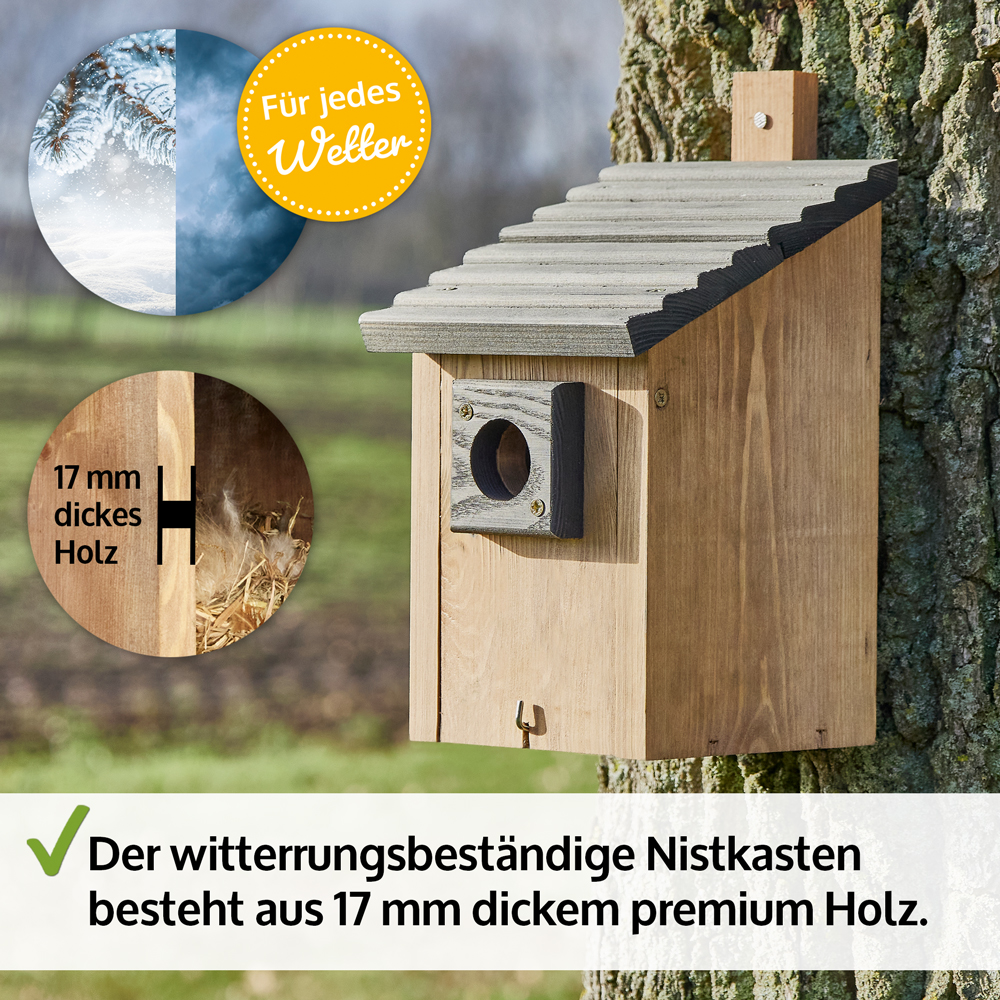 Dieser wetterfeste Nistkasten besteht aus hochwertigem 17 mm dickem Holz und bietet Vögeln einen sicheren Unterschlupf bei jedem Wetter