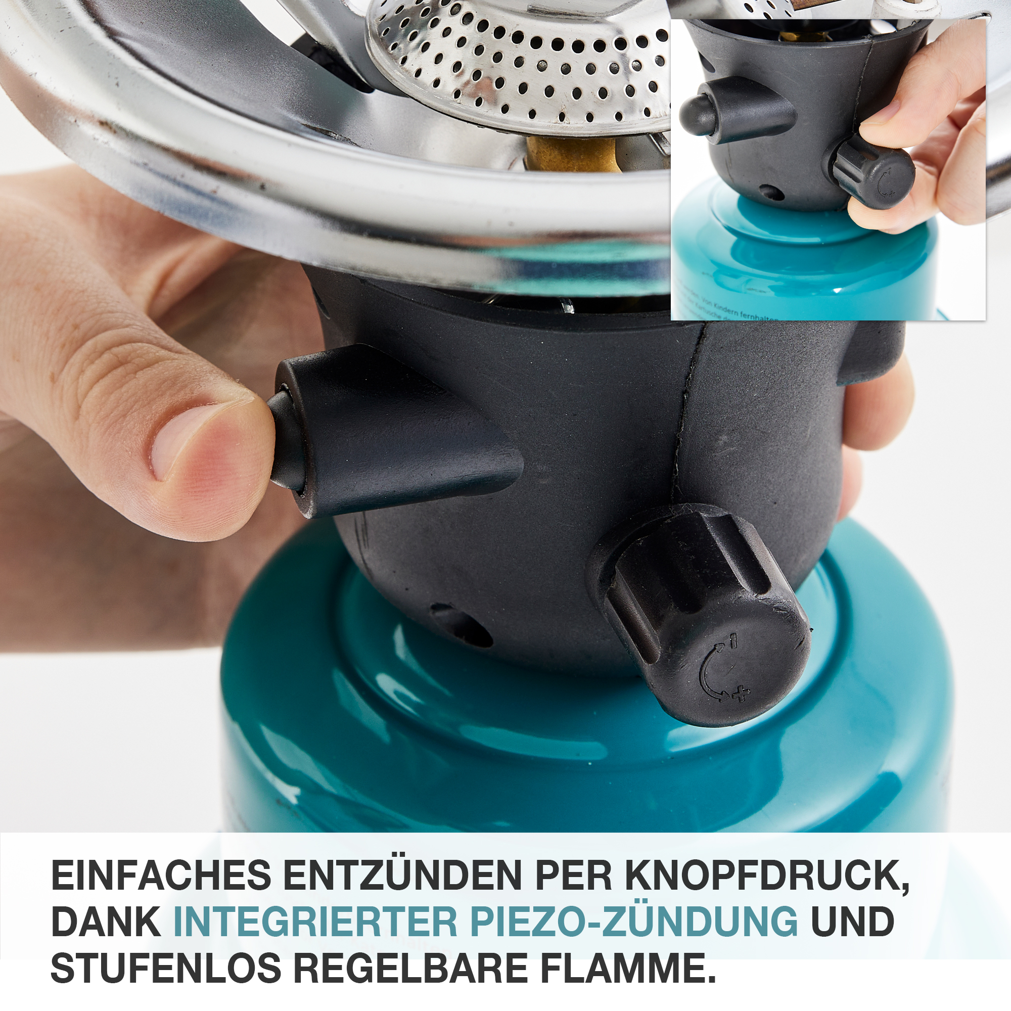 Einfaches Entzünden per Knopfdruck dank integrierter Piezo-Zündung und stufenlos regelbare Flamme Gaskocher-GK-190