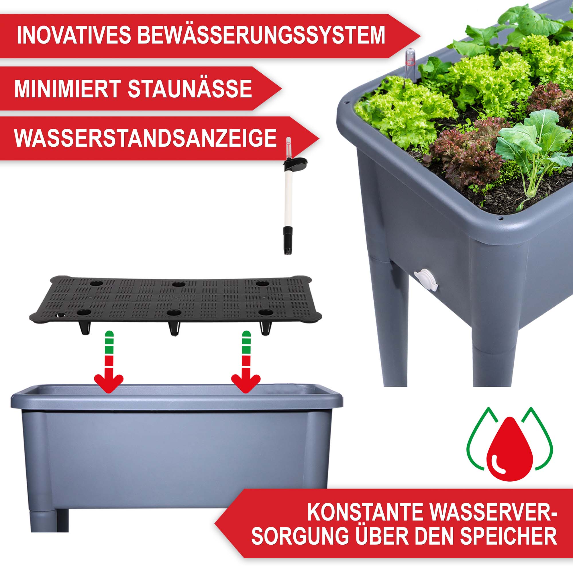 Hochbeet grau mit Bewässerungssystem minimiert Staunässe Wasserstandsanzeige konstante Wasserversorgung