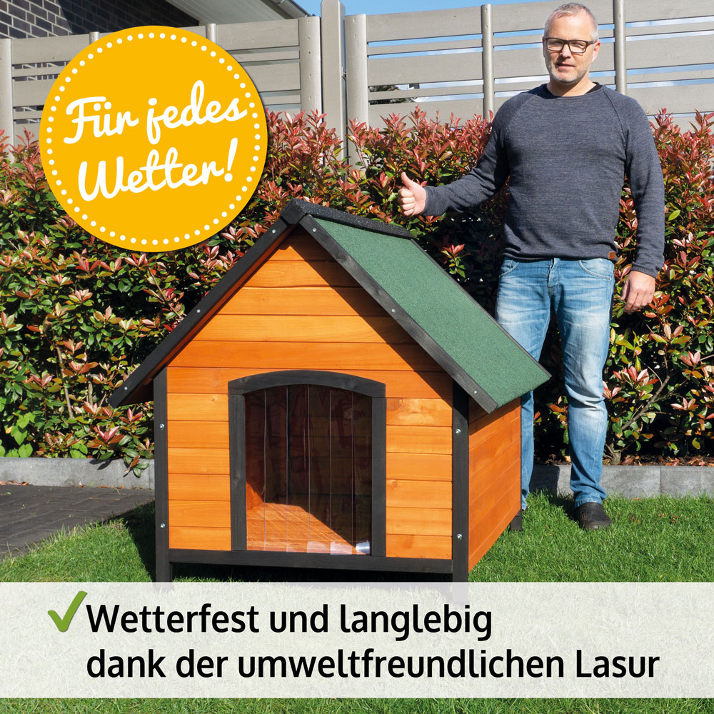 Wetterfest und langlebig dank der umweltfreundlichen Lasur bietet die Hundehütte Luna XL zuverlässigen Schutz bei jedem Wetter