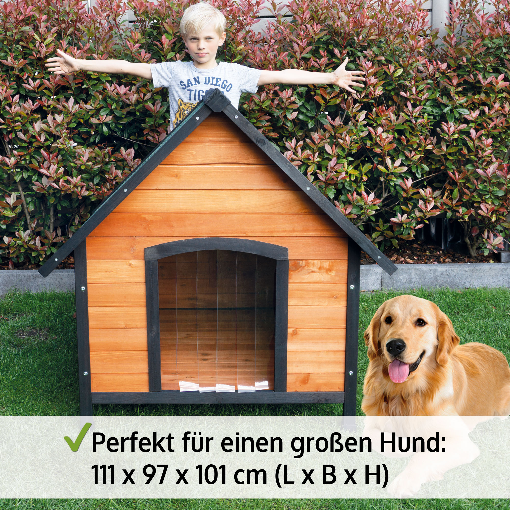 Perfekt für einen großen Hund mit den Maßen 111 x 97 x 101 cm (L x B x H) bietet die Hundehütte Luna XL ausreichend Platz und Komfort