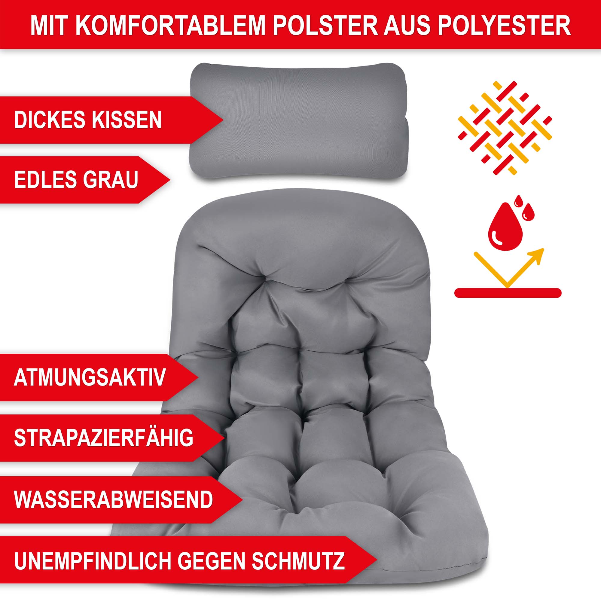 Komfortables Kissen Grau aus Polyester edler Cremeton atmungsaktiv strapazierfähig wasserabweisend schmutzresistent