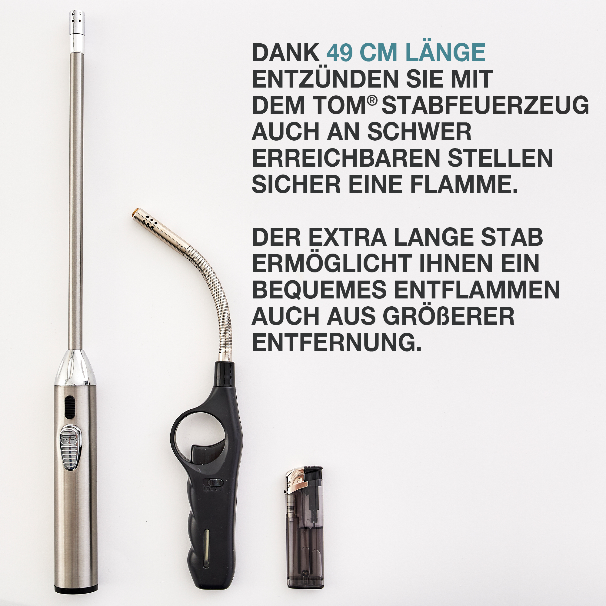 49 cm Länge - Sicheres Entflammen an schwer erreichbaren Stellen - Extra langer Stab