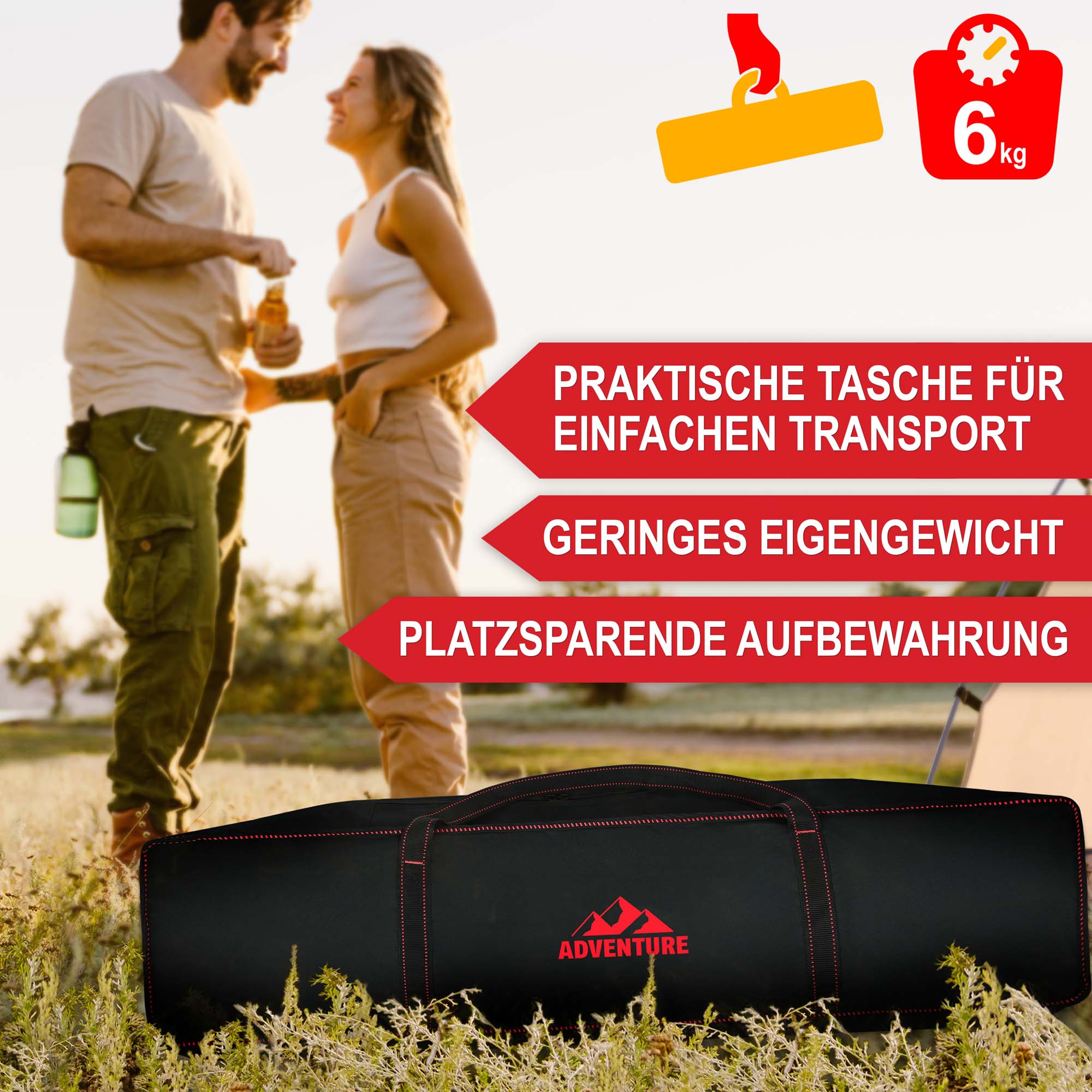 Platzsparende Aufbewahrung durch praktische Tasche für den einfachen Transport mit geringen Eigengewicht Camping-Stuhl Schwarz-Rot 