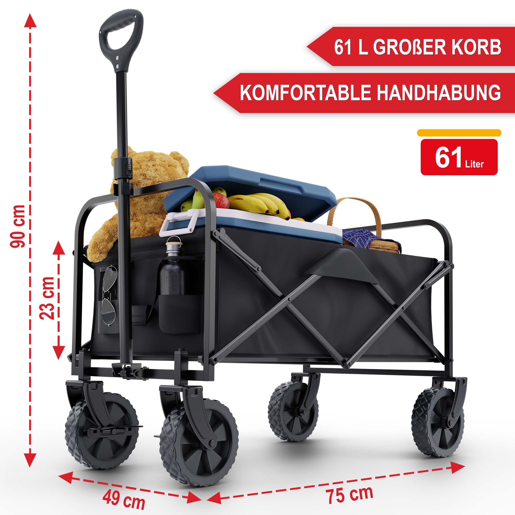 Bollerwagen Schwarz 61 Liter grosser Korb 49 x 90 x 75 cm komfortable Handhabung