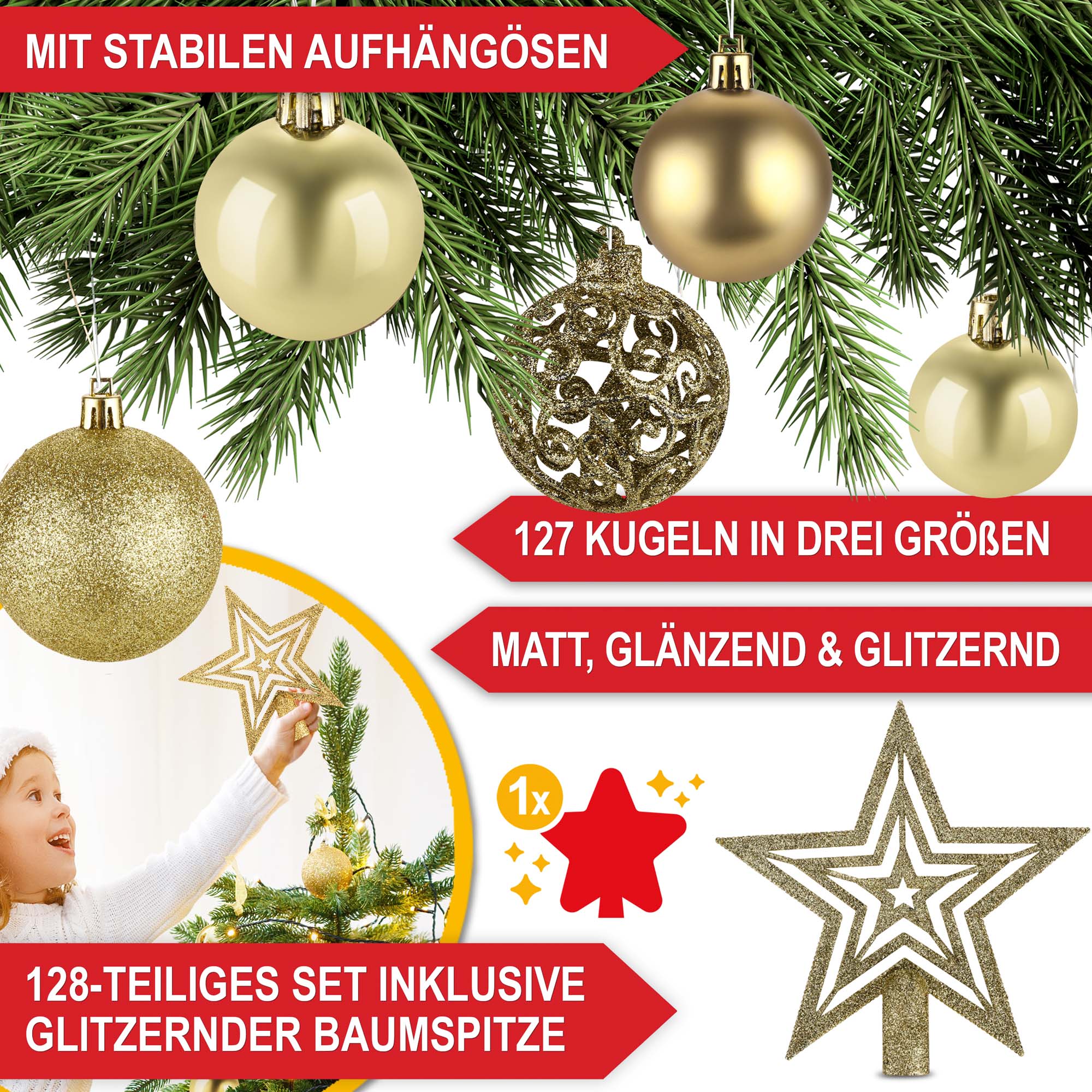 127 Kugeln in drei groessen inklusive glitzernder Baumspitze gold