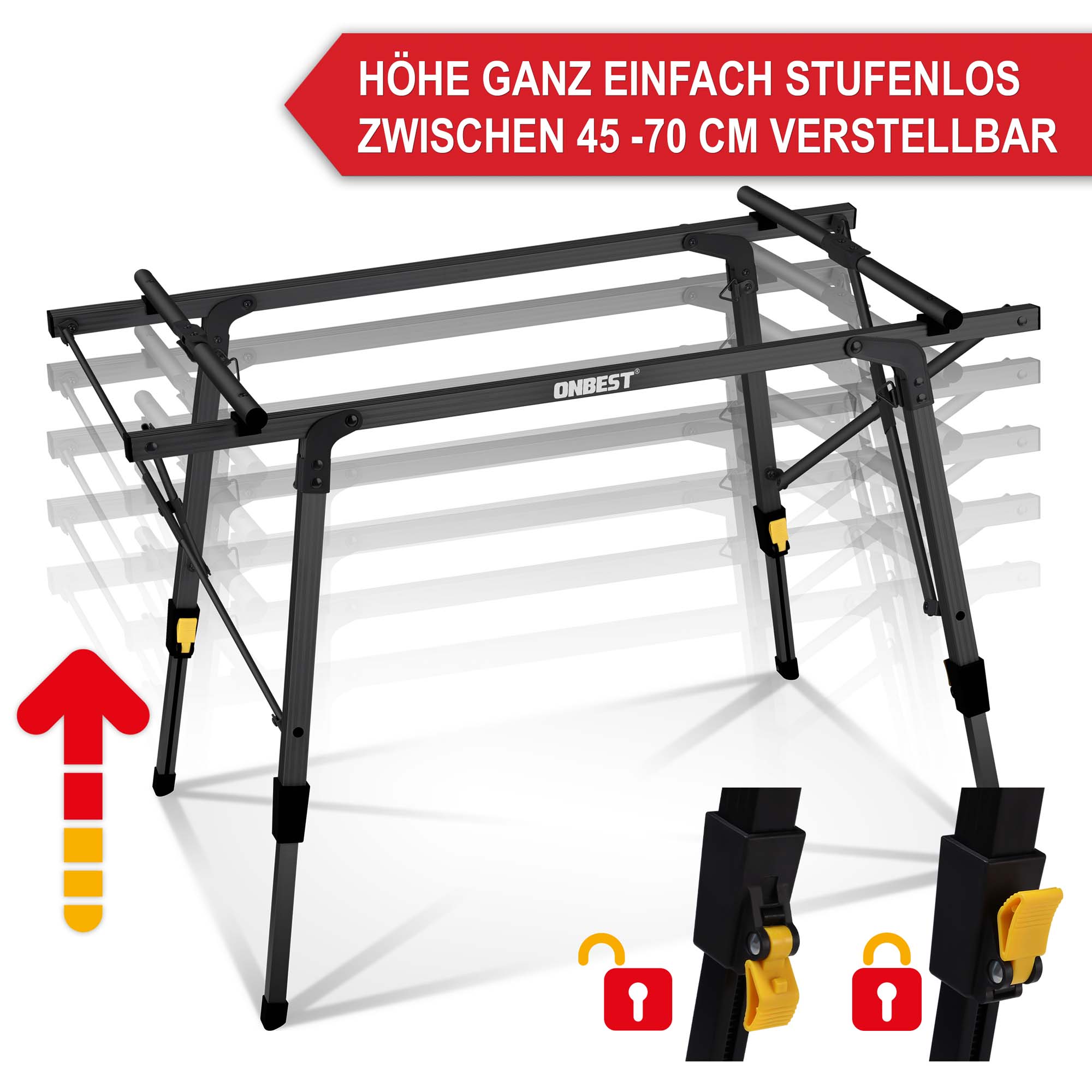 Höhenverstellbarer Campingtisch von 45-70 cm stufenlos verstellbar - Höhenverstellbarer Aluminiumtisch - Robuster Outdoor-Tisch - Leichter Picknick-Tisch - Faltbarer Gartentisch - Tragbarer Esstisch - Camping Esstisch - Klapptisch für den Garten