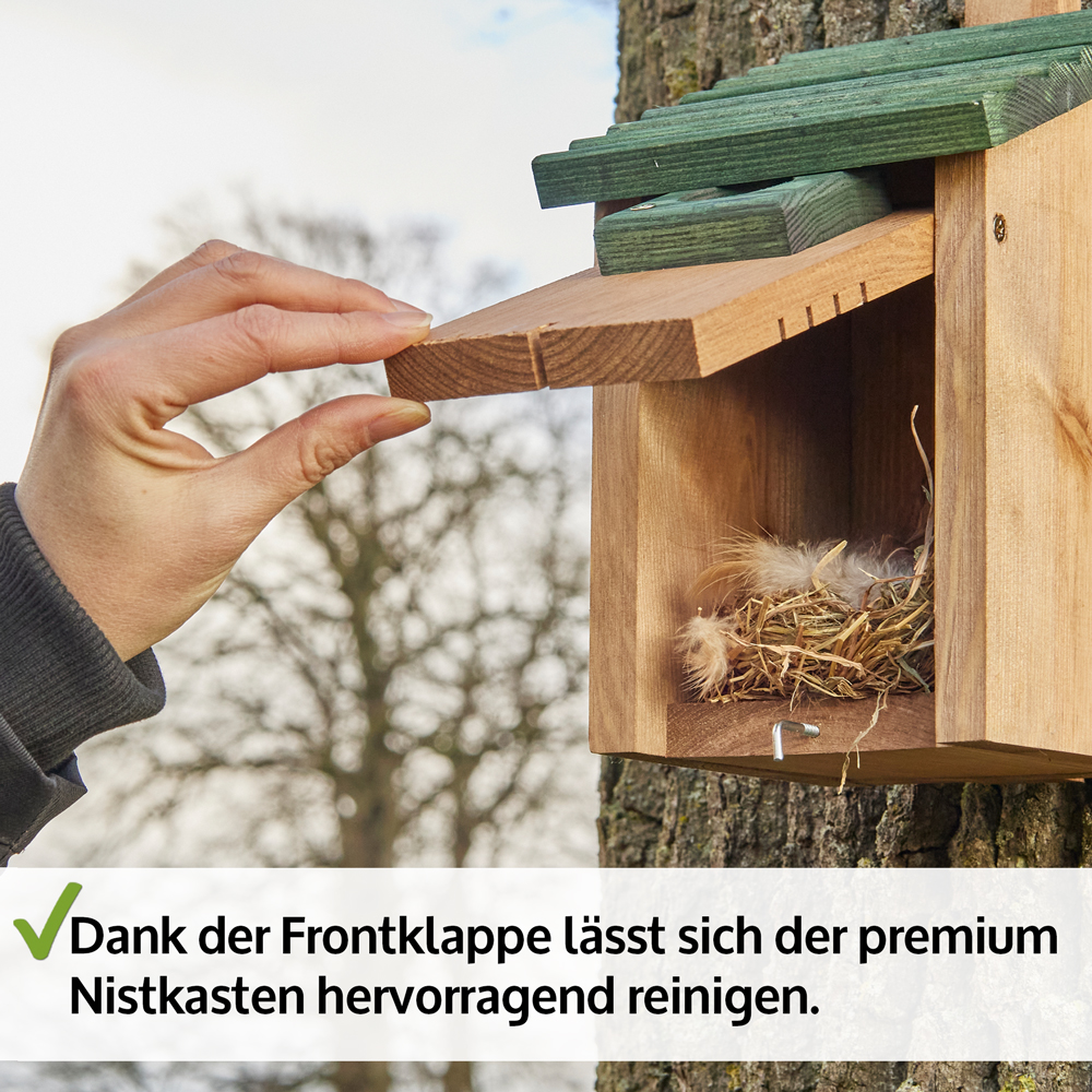 Der Nistkasten mit Pultdach lässt dich einfach öffnen und reinigen für ein sauberes Zuhause für Vögel