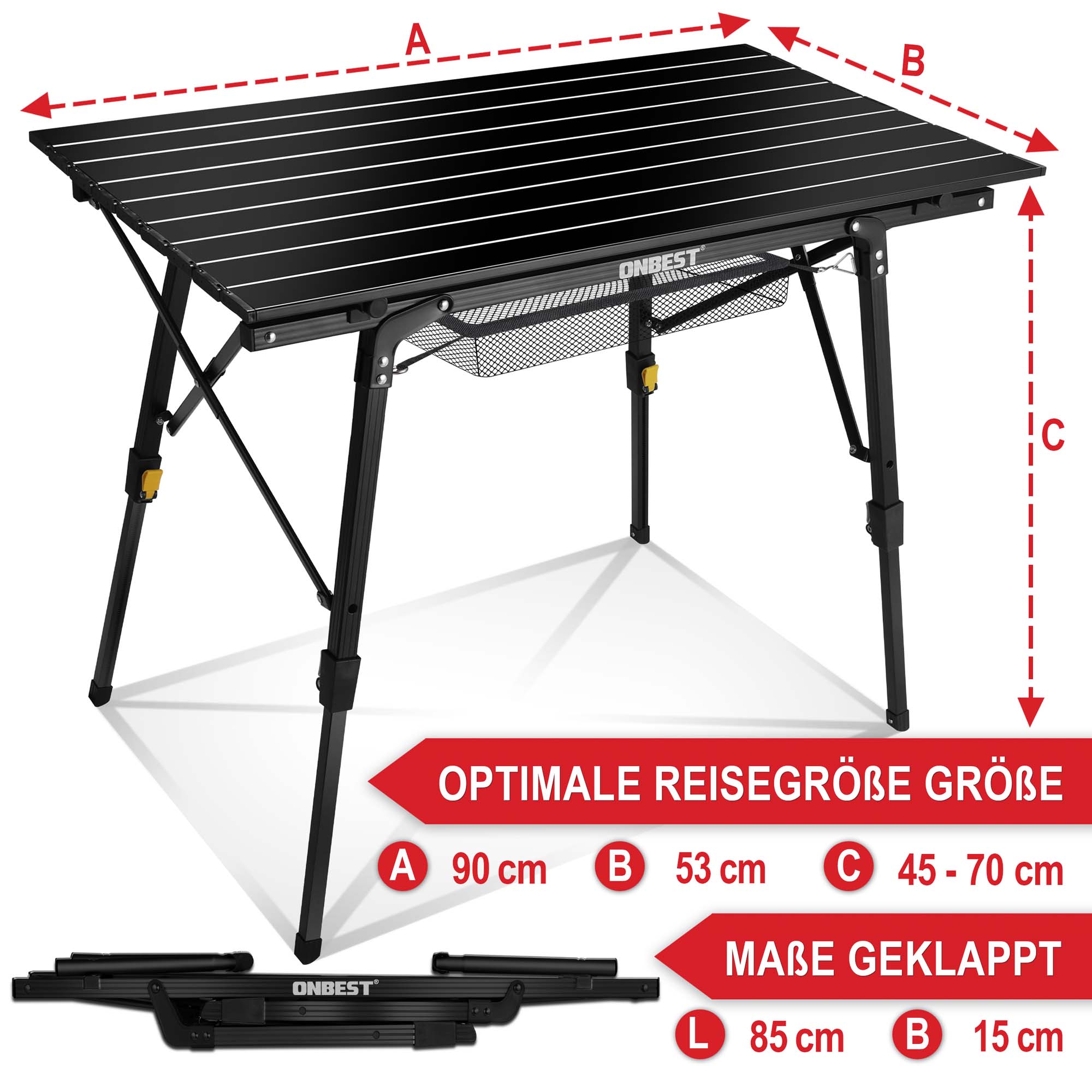 Maße des höhenverstellbaren Campingtisch 90 cm x 53 cm x 45-70 cm optimal für Reisen Maße geklappt 85 cm x 15 cm - Höhenverstellbarer Cmapingtisch - Robuster Outdoor Tisch - Leichter Picknick-Tisch - Faltbarer Gartentisch 