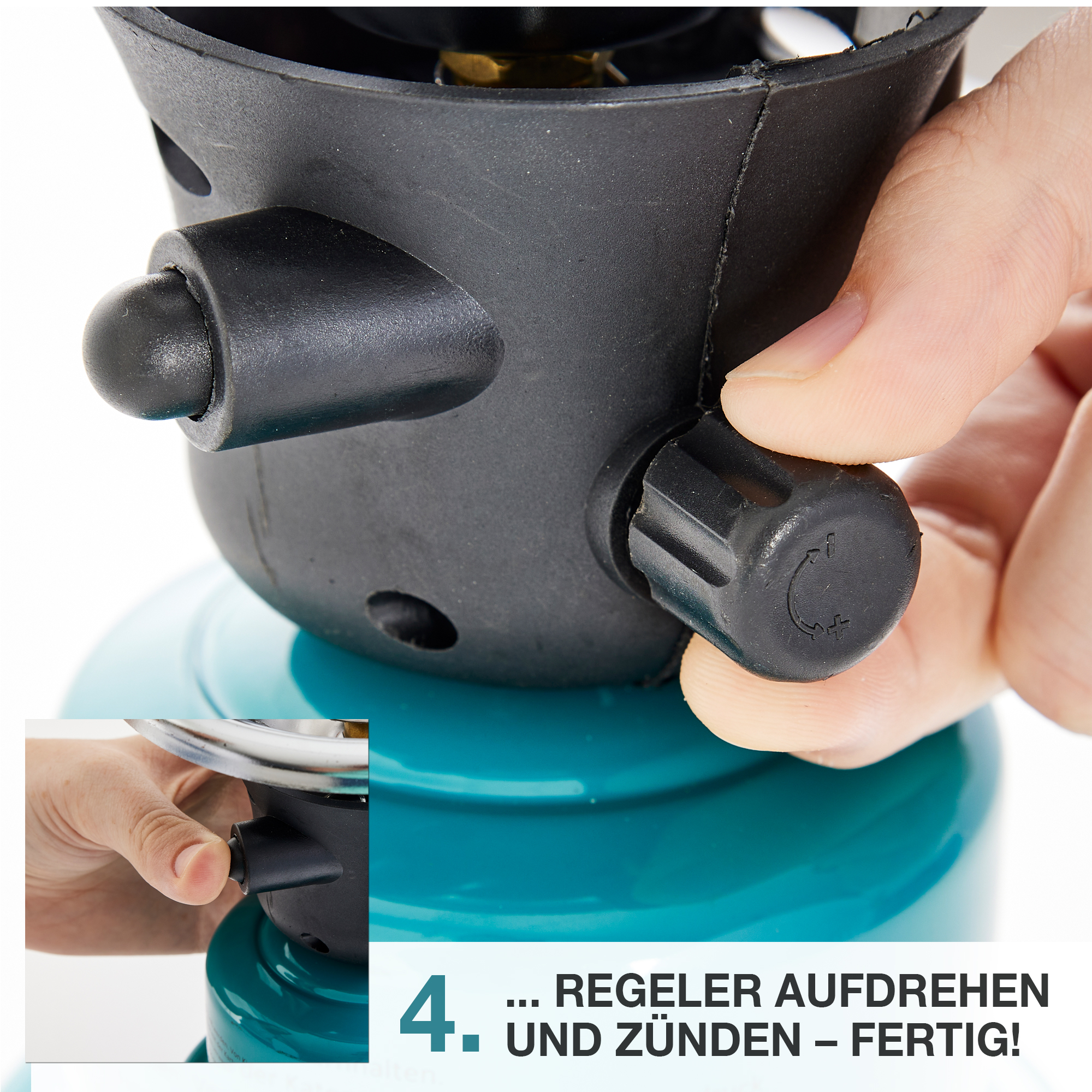 Gaskartusche - Stechkartusche - Gasbehälter - Regler aufdrehen und zünden - Gas - Camping - kochen