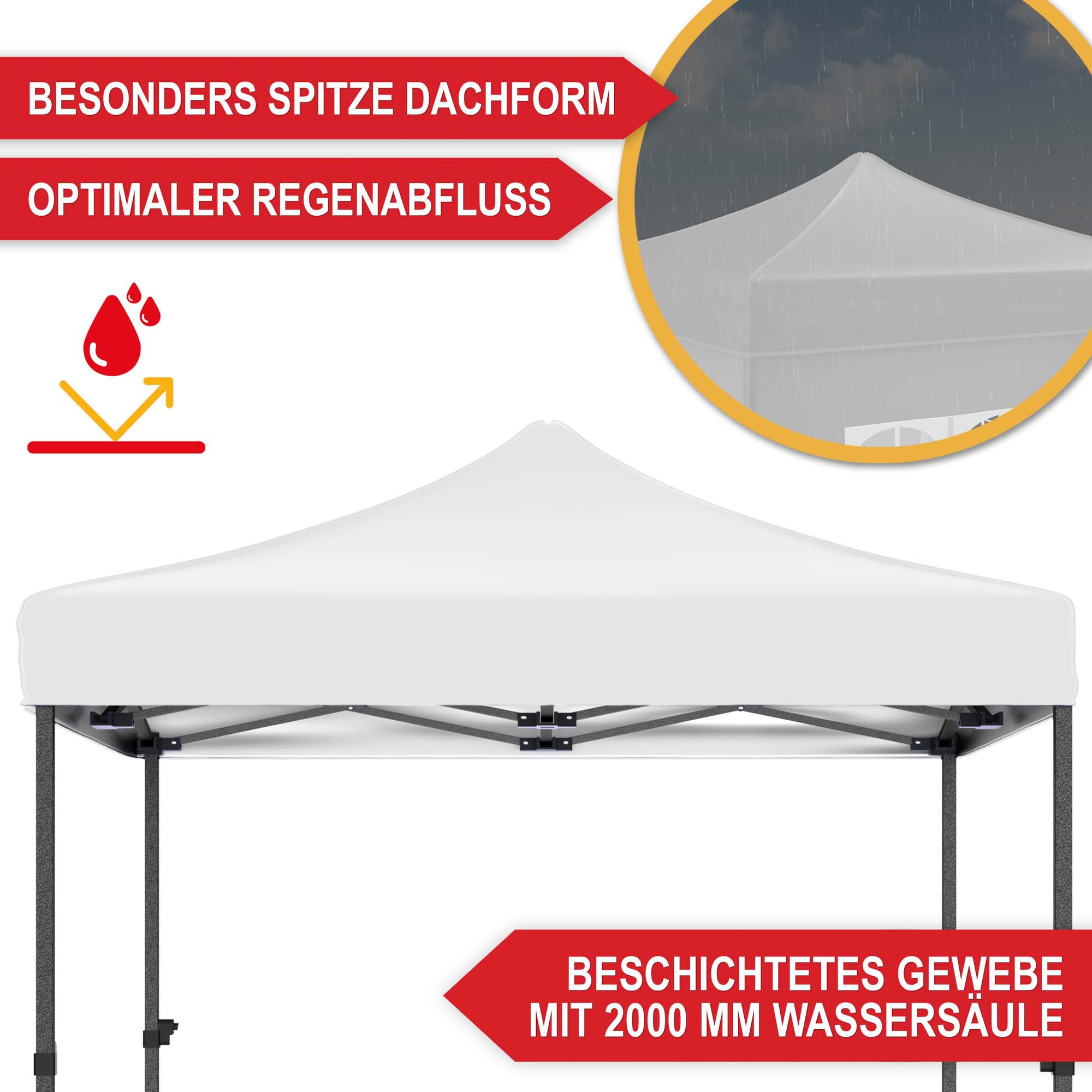 Besonders spitze Dachform - optimaler Regenabfluss - beschichtetes Gewebe mit 2000 mm Wassersäule - Pavillon weiß - Schutzdach - Festzelt - Gartenpavillon - Zelt - Eventzelt - Partyzelt - Regenschutz - Sonnenschutz - Überdachung