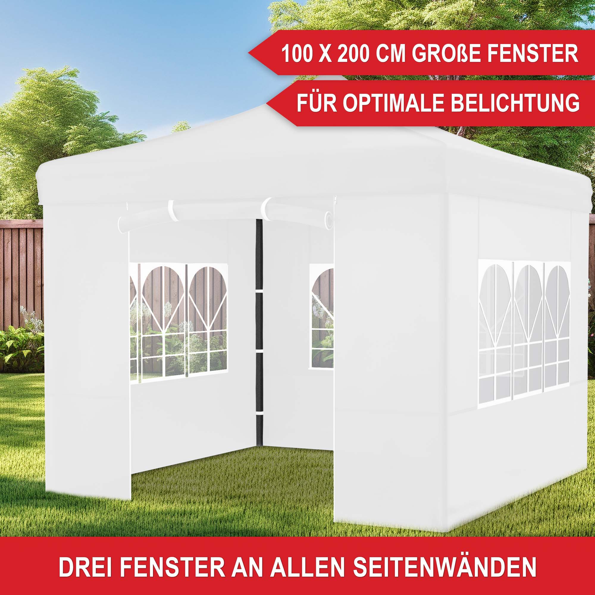 100 x 200 cm große Fenster - für optimale Belichtung - drei Fenster an allen Seitenwänden - Pavillon weiß - Schutzdach - Festzelt - Gartenpavillon - Zelt - Eventzelt - Partyzelt - Regenschutz - Sonnenschutz - Überdachung