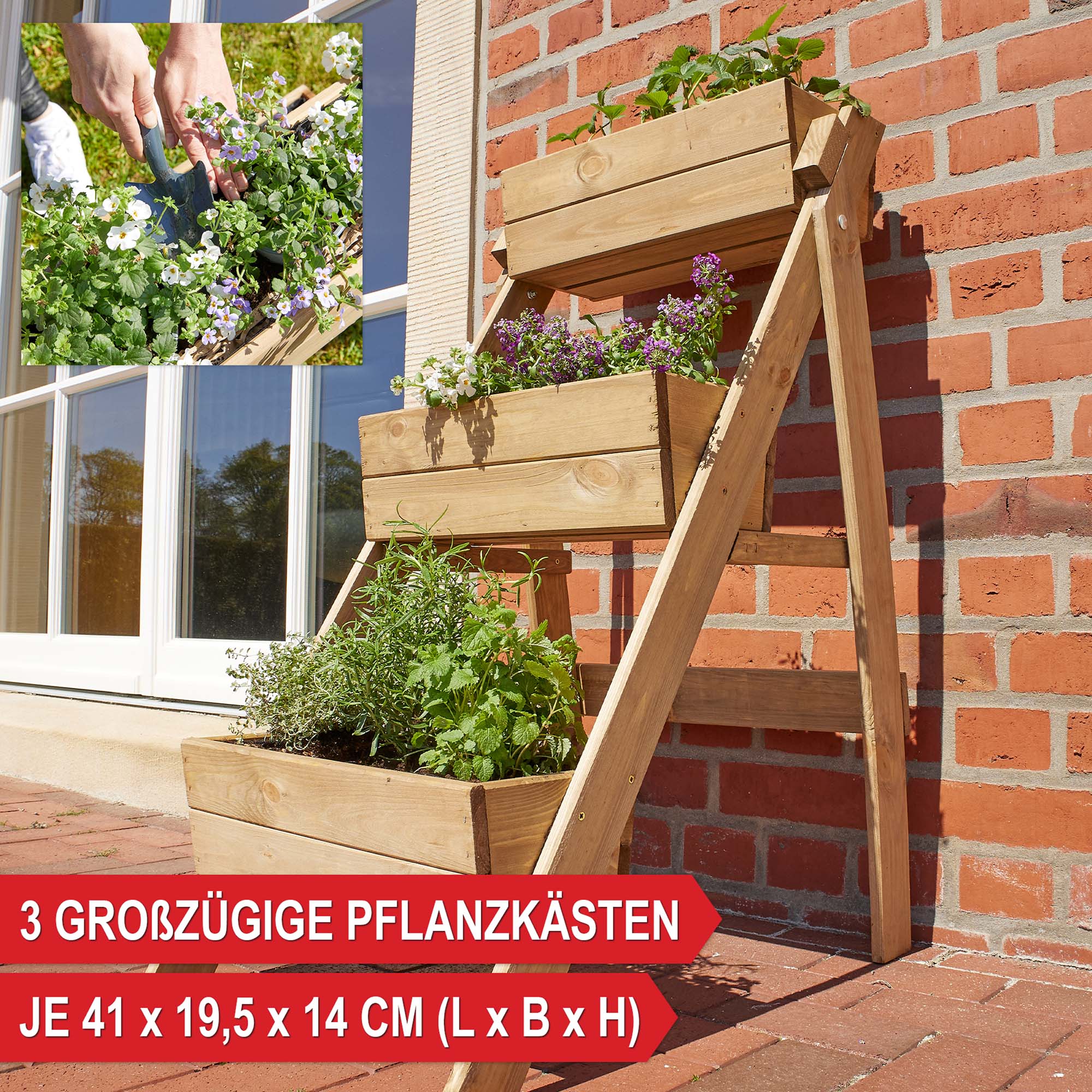 3 großzügige Pflanzkästen - je 41 x 19,5 x 14 cm (L x B x H) - Pflanztreppe - Hochbeet - Pflanzenbox - Pflanzbehälter - Kräuterbeet - Pflanzenkübel - Balkonpflanzkasten - Blumenkasten - Gartendeko - Gartenpflanzkasten