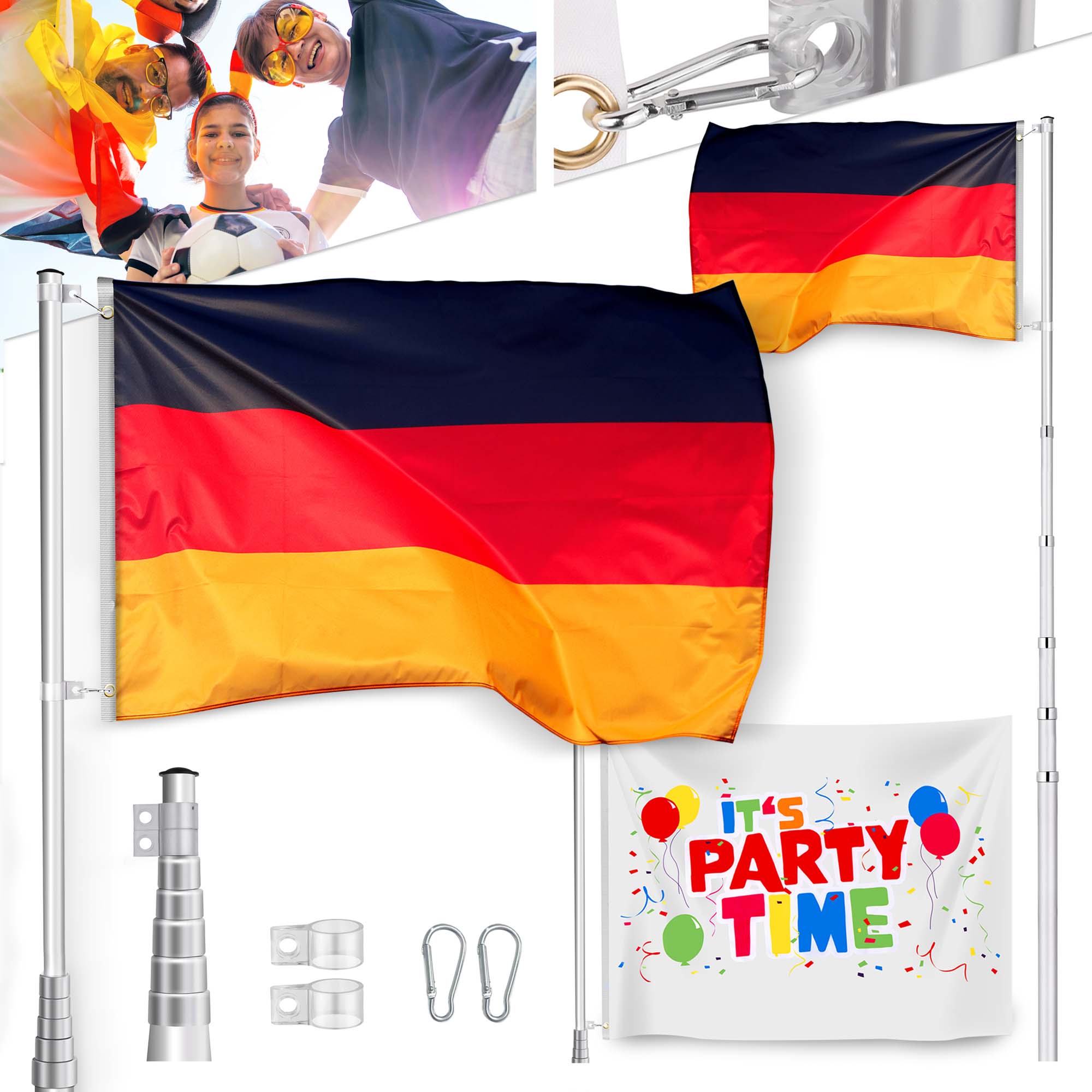 Fahnenmast inkl. Deutschland- und Party-Flagge 2 x Karabiner und 1 x Bodenhülse