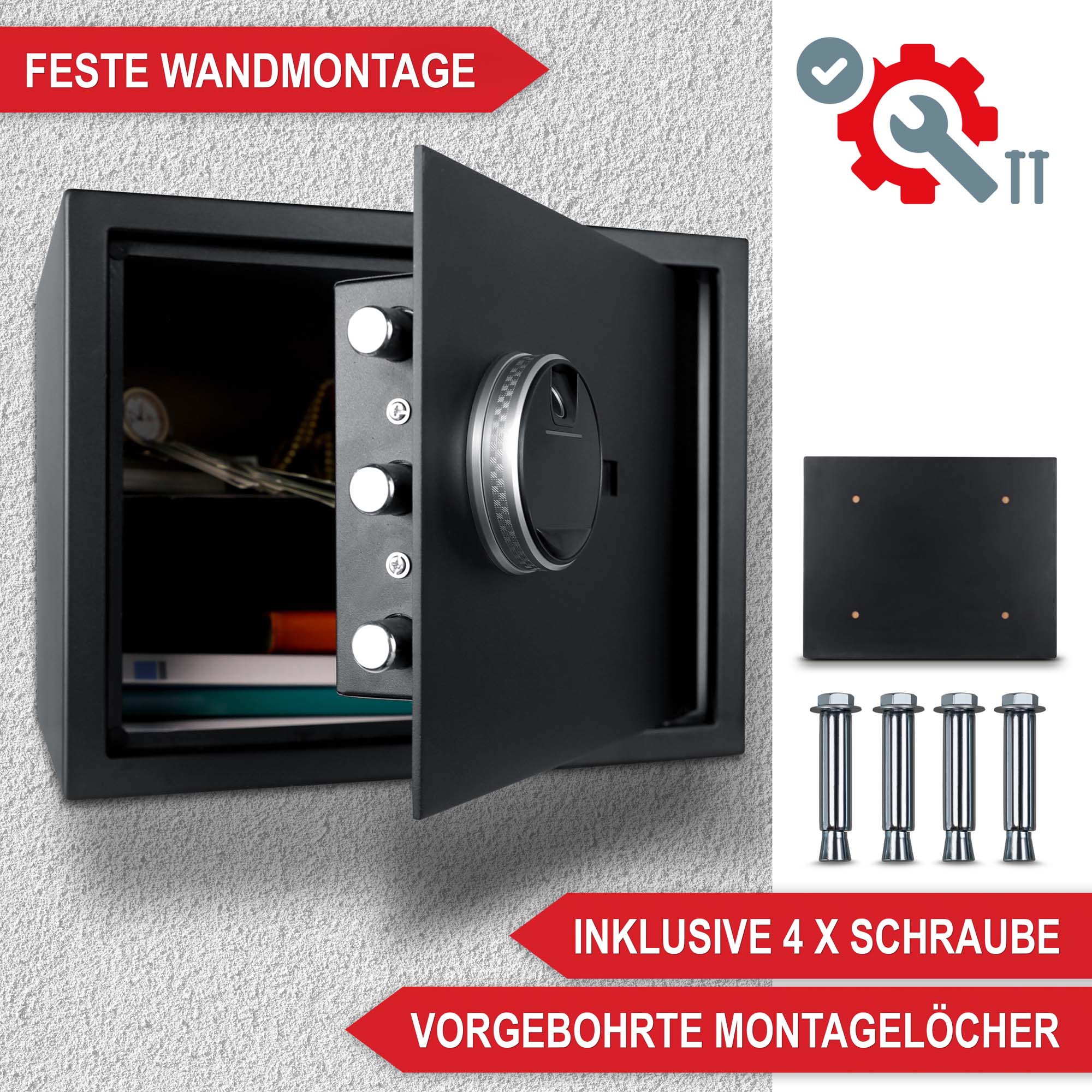 Feste Wandmontage - Inklusive 4 x Schraube - Vorgebohrte Montagelöcher - Tresor - Sicherheitsbox - Sicherheitsschrank - Wertschutz - Aufbewahrungssafe - Sicherheitssystem