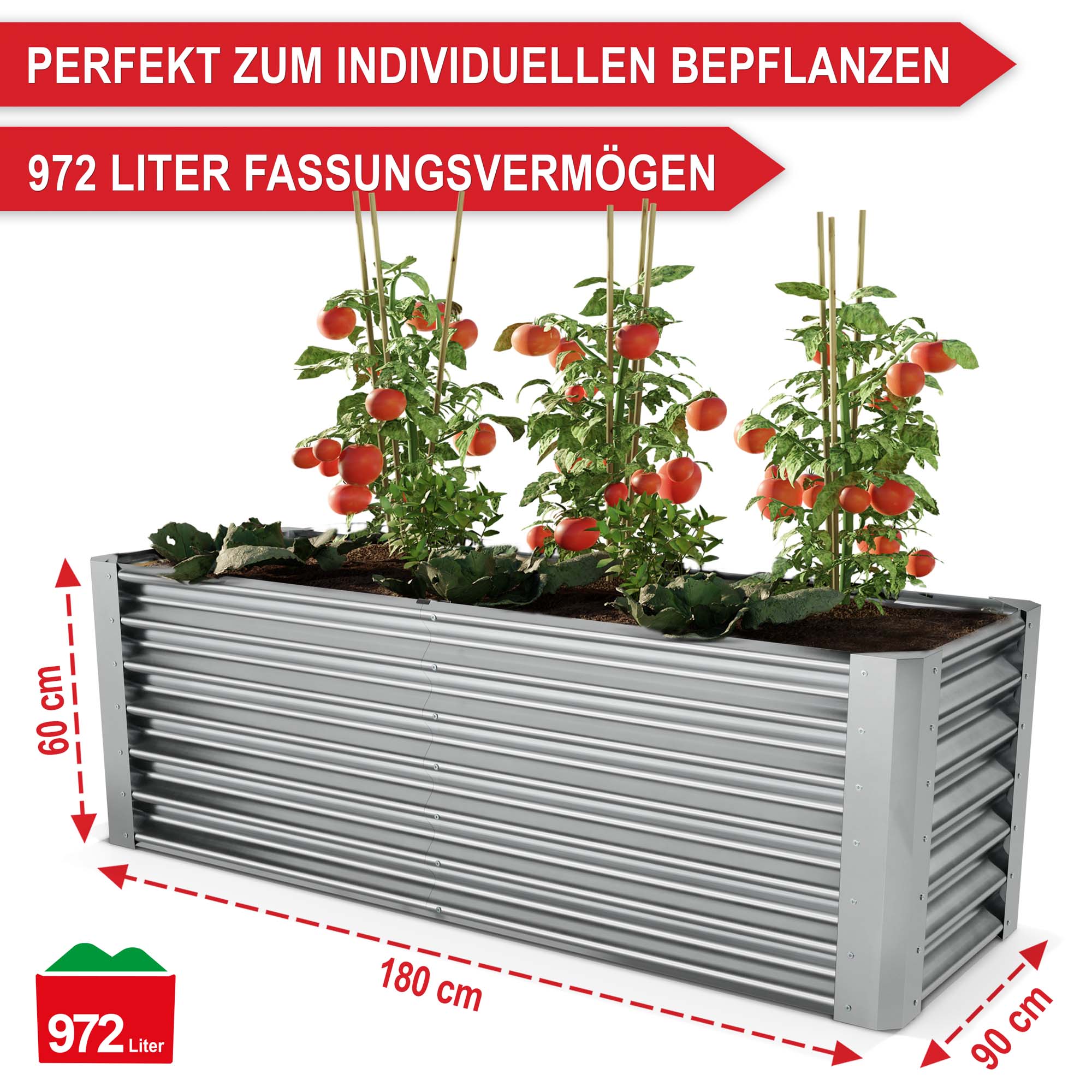 Hochbeet für individuelle Bepflanzung 972 Liter Volumen 180 cm Länge 90 cm Breite 60 cm Höhe