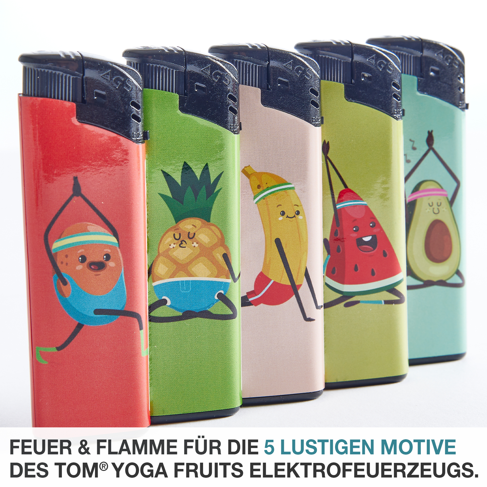 Feuer und Flamme - Fünf Lustige Motive - Yoga Fruits - Elektro - Feuerzeug - Feuer - zünden - Kerzenanzünder - Kaminanzünder