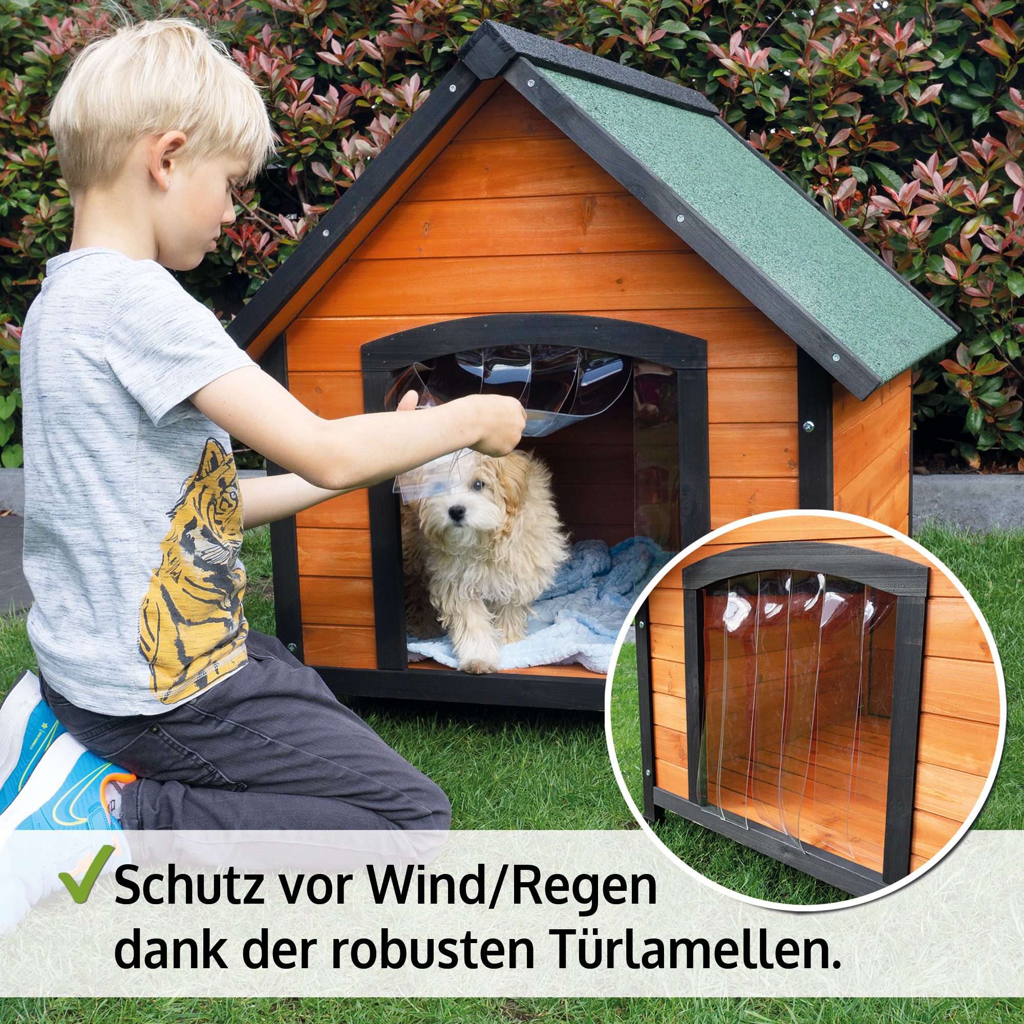 Hundehütte Luna L bietet Schutz vor Wind und Regen dank robuster Türlamellen ideal für den Außenbereich