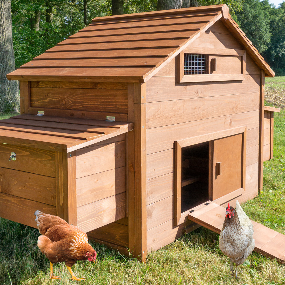 Hühnervoliere Happyfarm mit Rampe und seitlichem Nistkasten bietet Hühnern ein gemütliches und sicheres Zuhause im Garten