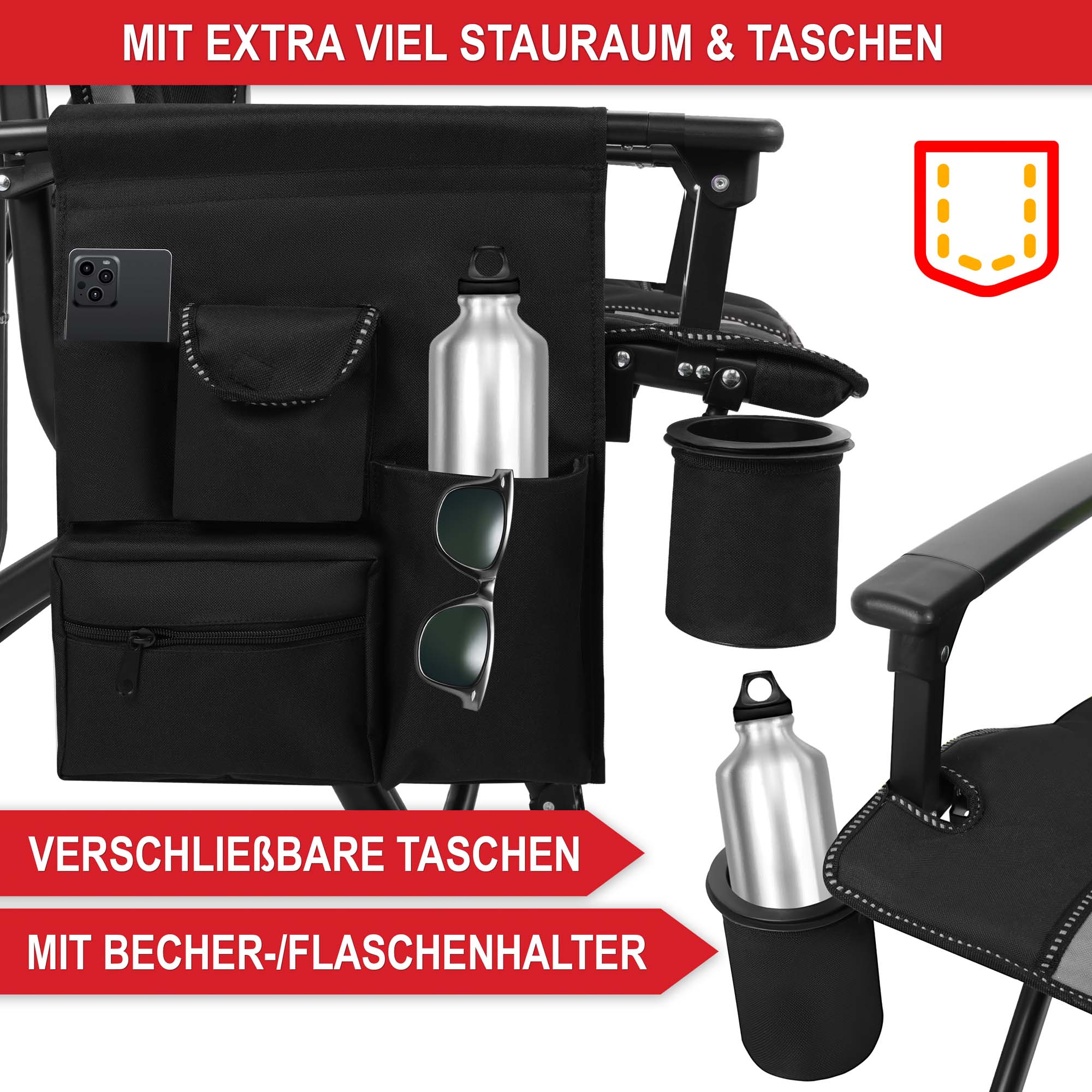 Campingstuhl schwarz-grau mit verschließbaren Taschen und Flaschenhalter