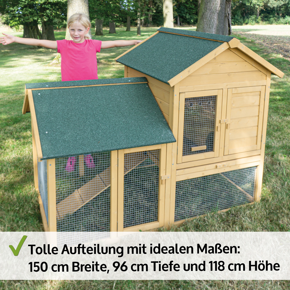 Kaninchenstall Hasenfarm mit idealer Aufteilung bietet auf 150 cm Breite 96 cm Tiefe und 118 cm Höhe genügend Platz für Kleintiere optimal für den Garten