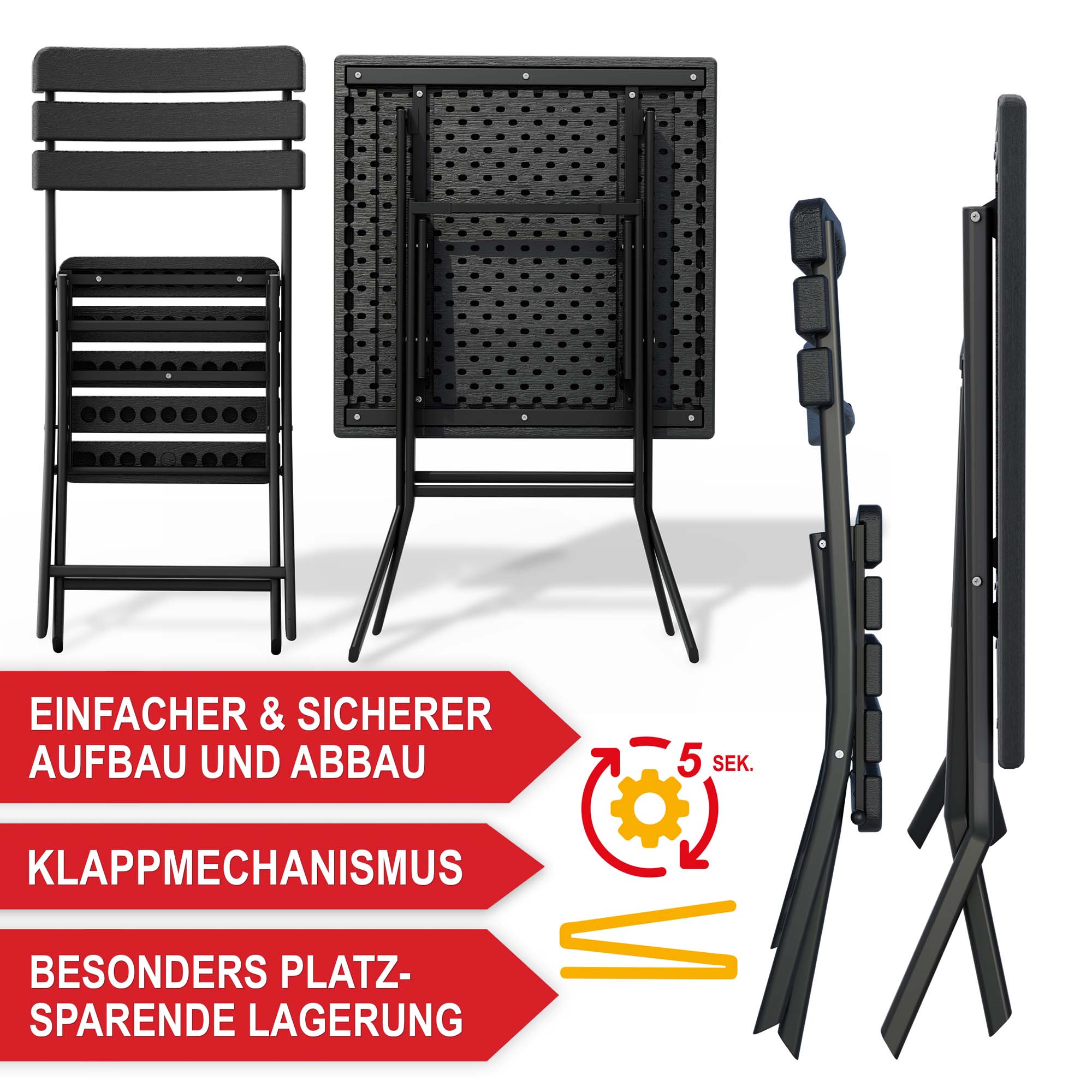 Klappmechanismus platzsparende Lagerung einfacher Aufbau und Abbau Balkon Set Woody