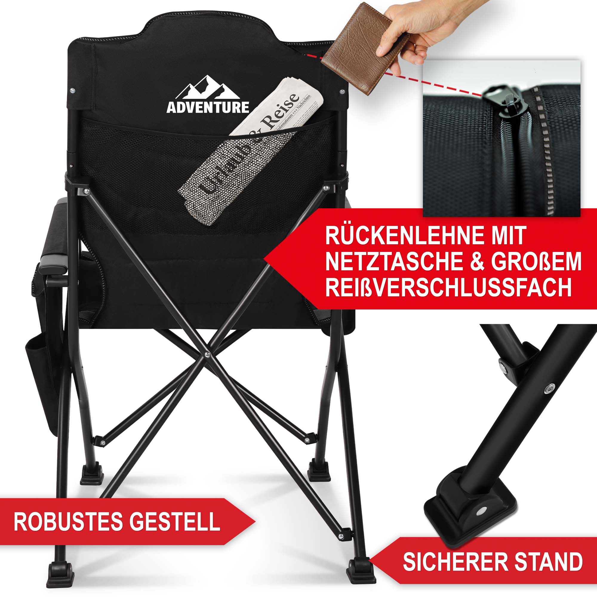 Campingstuhl schwarz-grau mit robusten Gestell sicheren Stand und Netztasche und großen Reißverschluss in der Rückenlehne