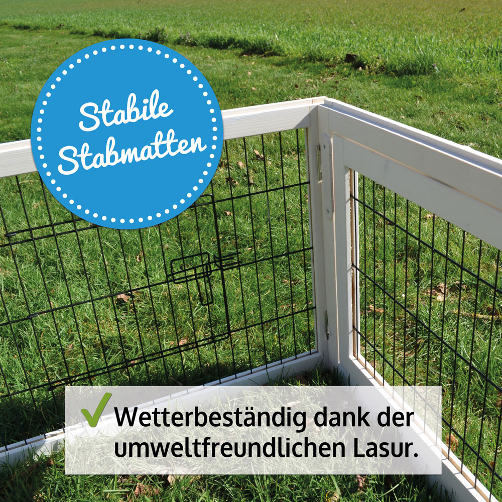 Das Auslaufgehege Rabbit Run XL ist dank seiner umweltfreundlichen Lasur besonders wetterbeständig und bietet mit stabilen Stabmatten einen sicheren Schutz für deine Tiere