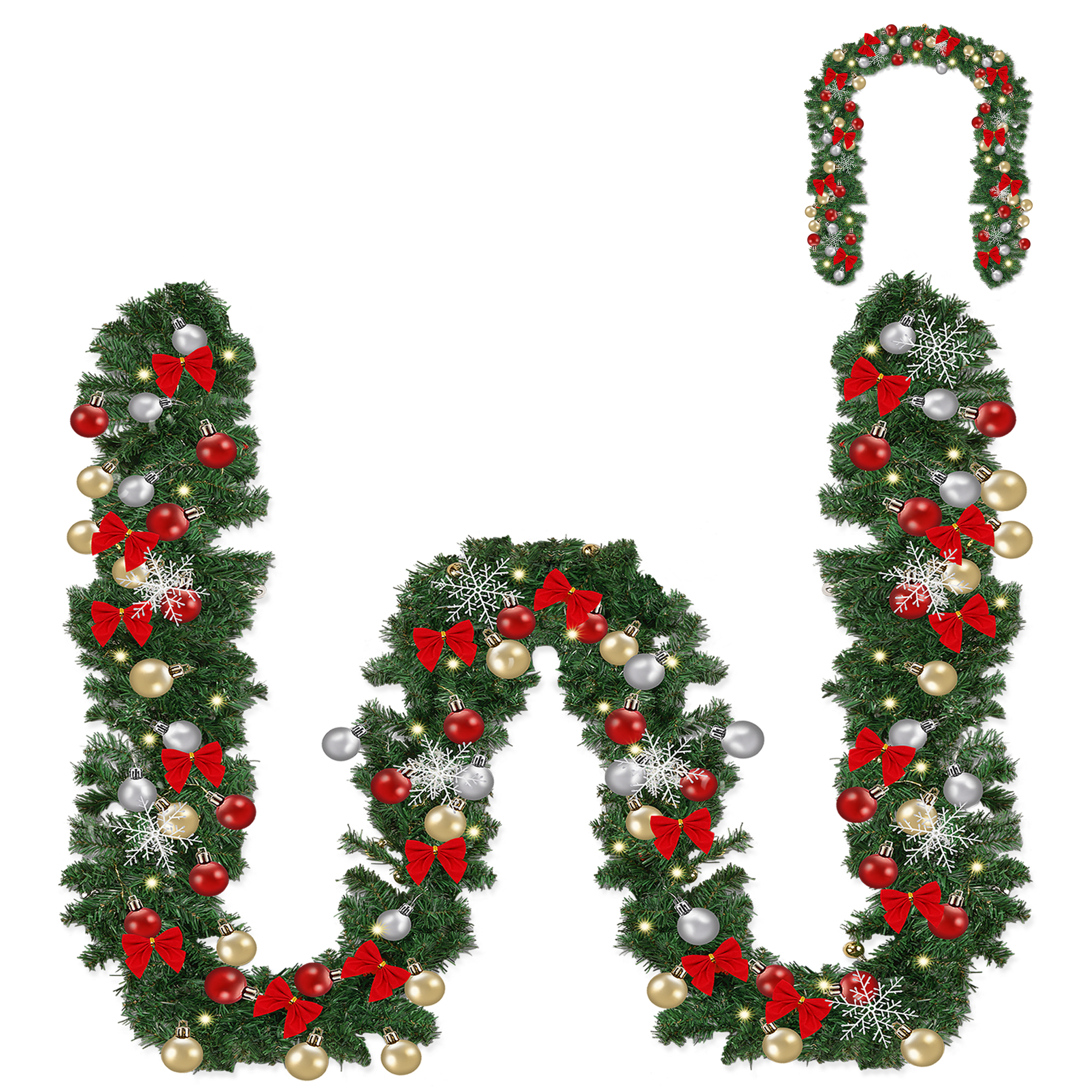 Weihnachtsgirlande - 5 m Länge - inkl. 36 Kugeln (12x Rot, 12x Gold, 12x Silber) - weihnachtliche Dekoration - für Innen- und Außendekoration - Weihnachtsdekoration - Tannengirlande - Weihnachtsbaum-Dekoration