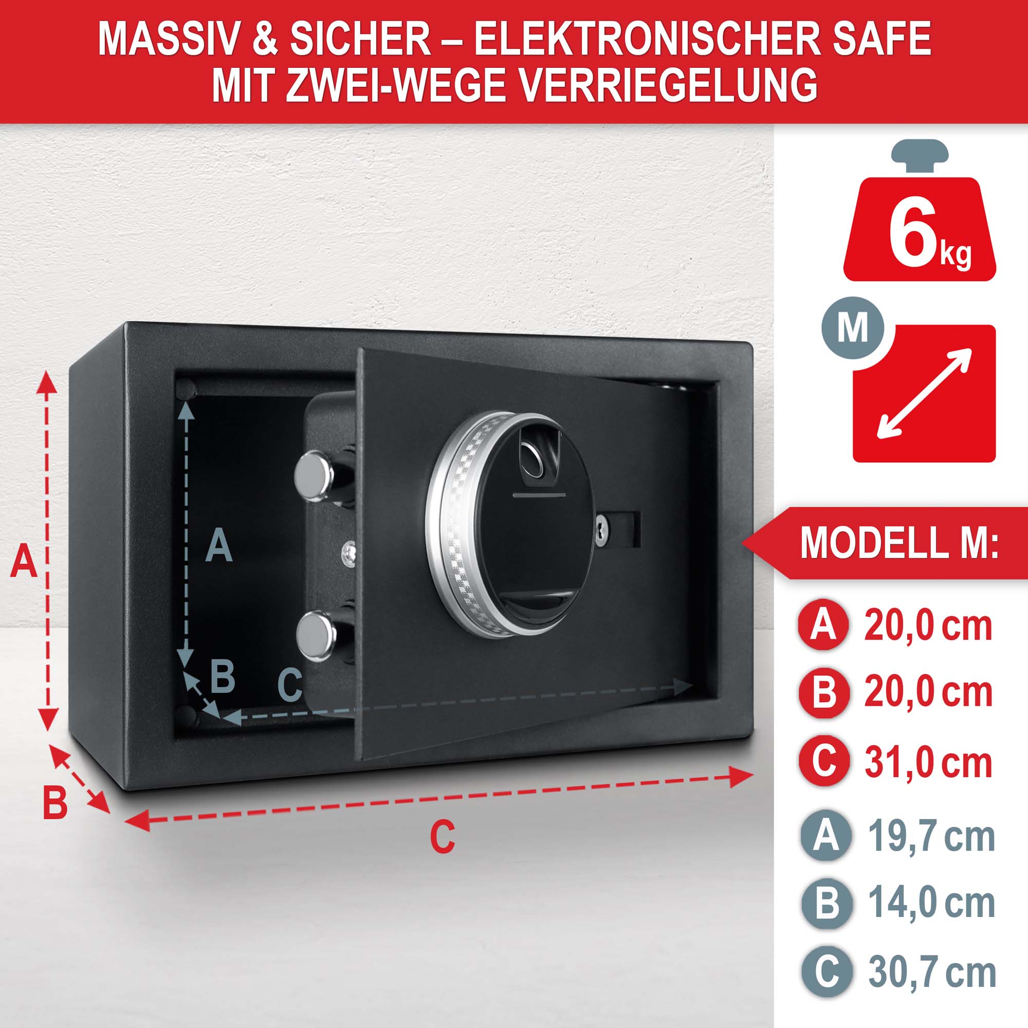 Massiv und sicher - Elektronischer Safe mit Zwei-Wege-Verriegelung - Modell M - 6 kg - Maße: A 20 cm, B 20 cm, C 31 cm - Innenmaße: A 19,7 cm, B 14,0 cm, C 30,7 cm - Tresor - Sicherheitsschrank - Wertschutz