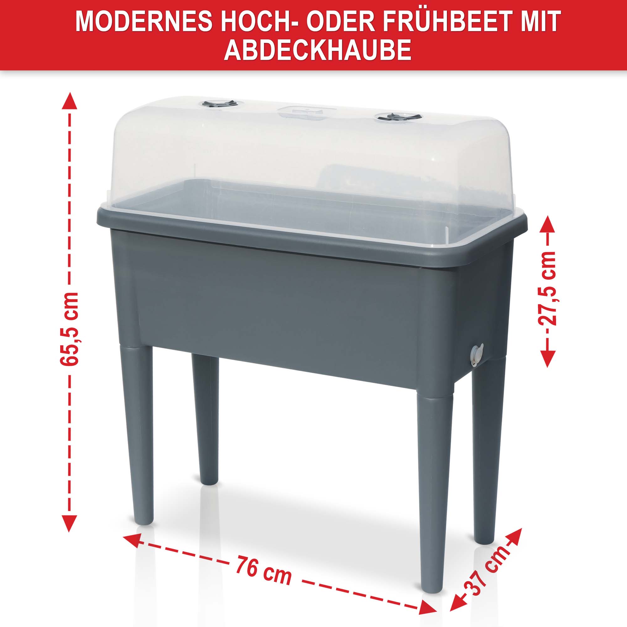 Modernes Hoch- oder Frühbeet grau mit Abdeckhaube Maße 65,5 cm hoch 27,5 cm tief 76 cm breit