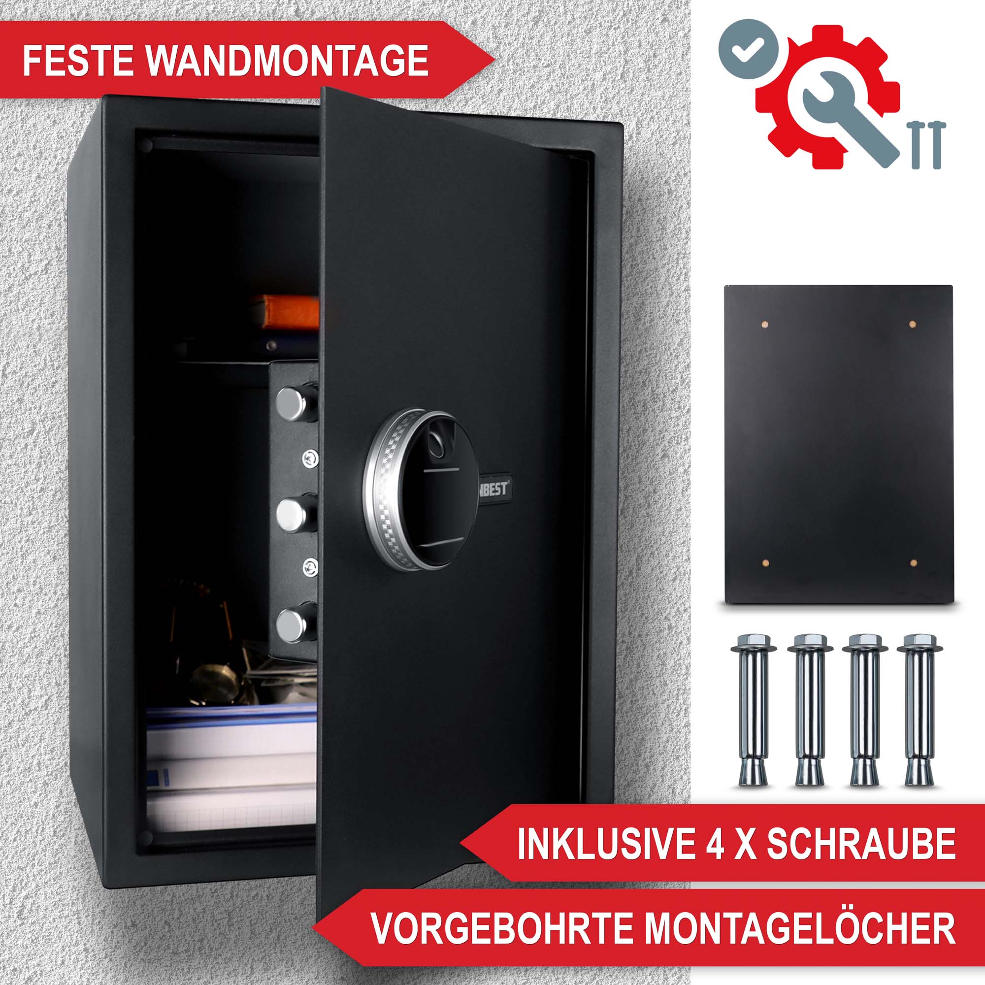 Feste Wandmontage - Inklusive 4 x Schraube - Vorgebohrte Montagelöcher - Tresor - Sicherheitstresor - Möbeltresor - Safe - Schutz vor Diebstahl - Sicherer Aufbewahrungsort - Elektronischer Safe