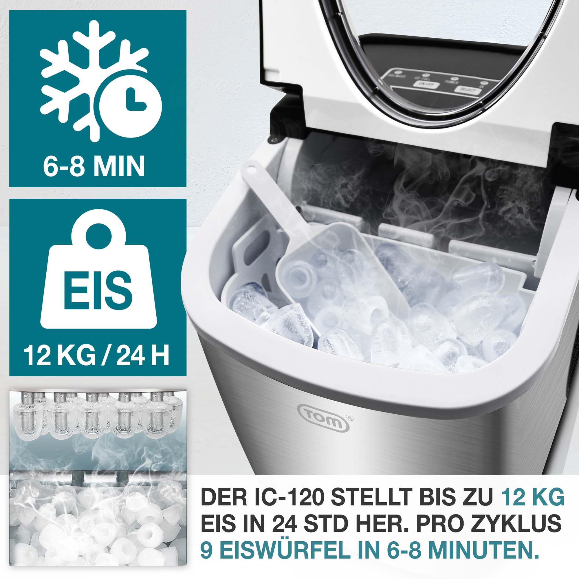 Eiswürfelmaschine IC-120 – Produziert bis zu 12 kg Eis in 24 Stunden – 9 Eiswürfel in 6-8 Minuten – Perfekt für Partys – Schnelle Eisproduktion – Kompaktes Format – Ideal für Zuhause