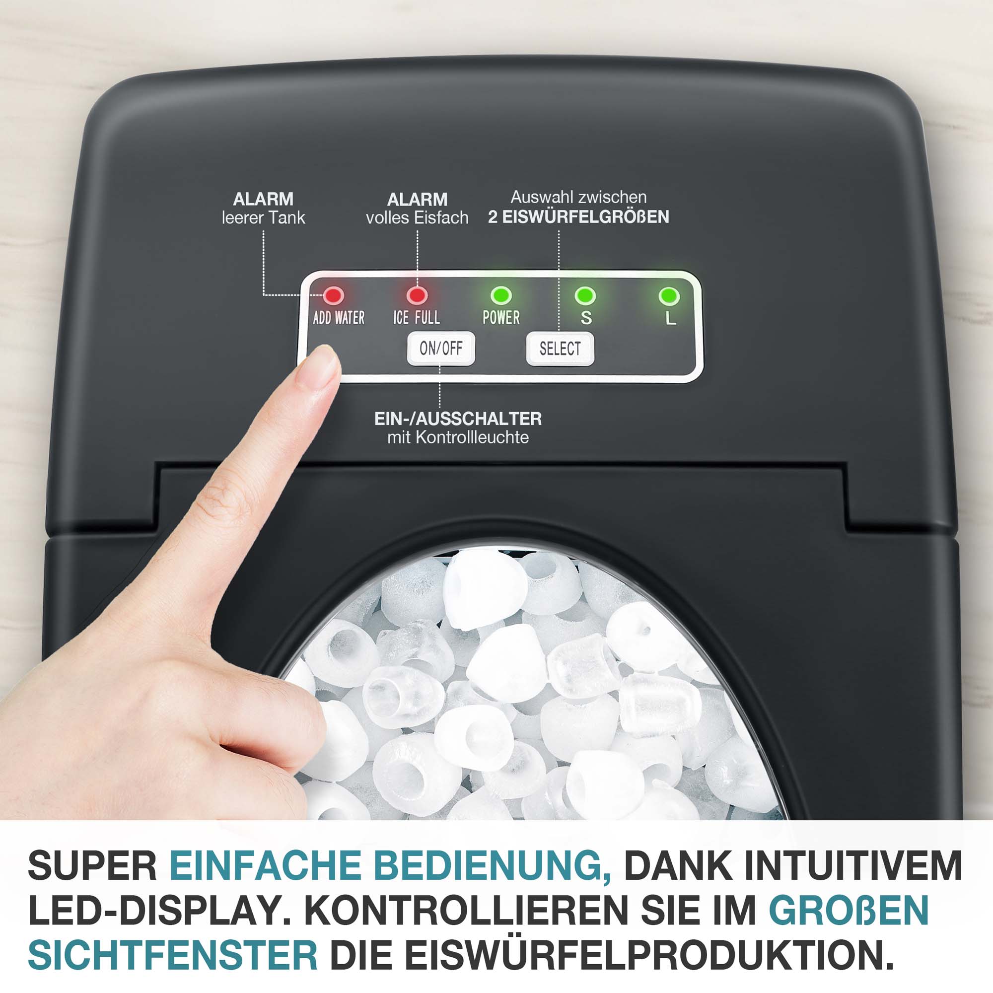 Eiswürfelmaschine IC-120 edelstahl – Intuitives LED-Display – Einfach zu bedienen – Großes Sichtfenster – Übersichtliche Anzeige – Einfache Kontrolle