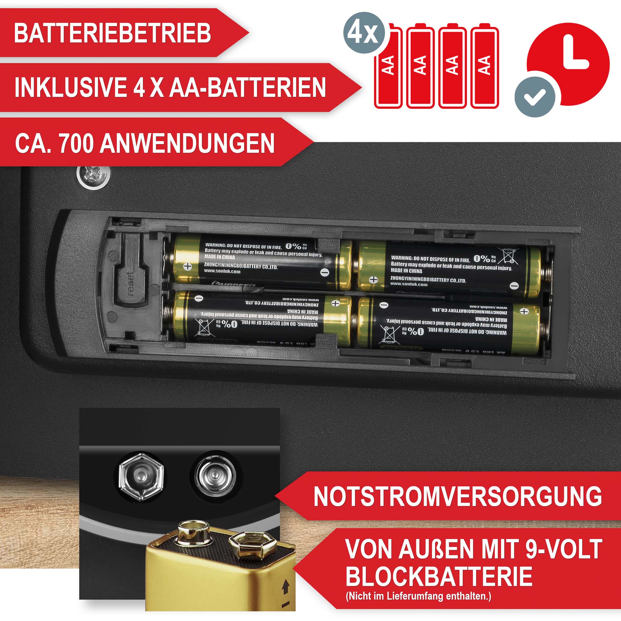 Batteriebetrieb - Inklusive 4 x AA-Batterien - Ca. 700 Anwendungen - Notstromversorgung von außen mit 9-Volt-Blockbatterie - Elektronischer Safe - Möbeltresor - Sicherheitsbox - Tresor - Schutz vor Diebstahl - Sichere Aufbewahrung