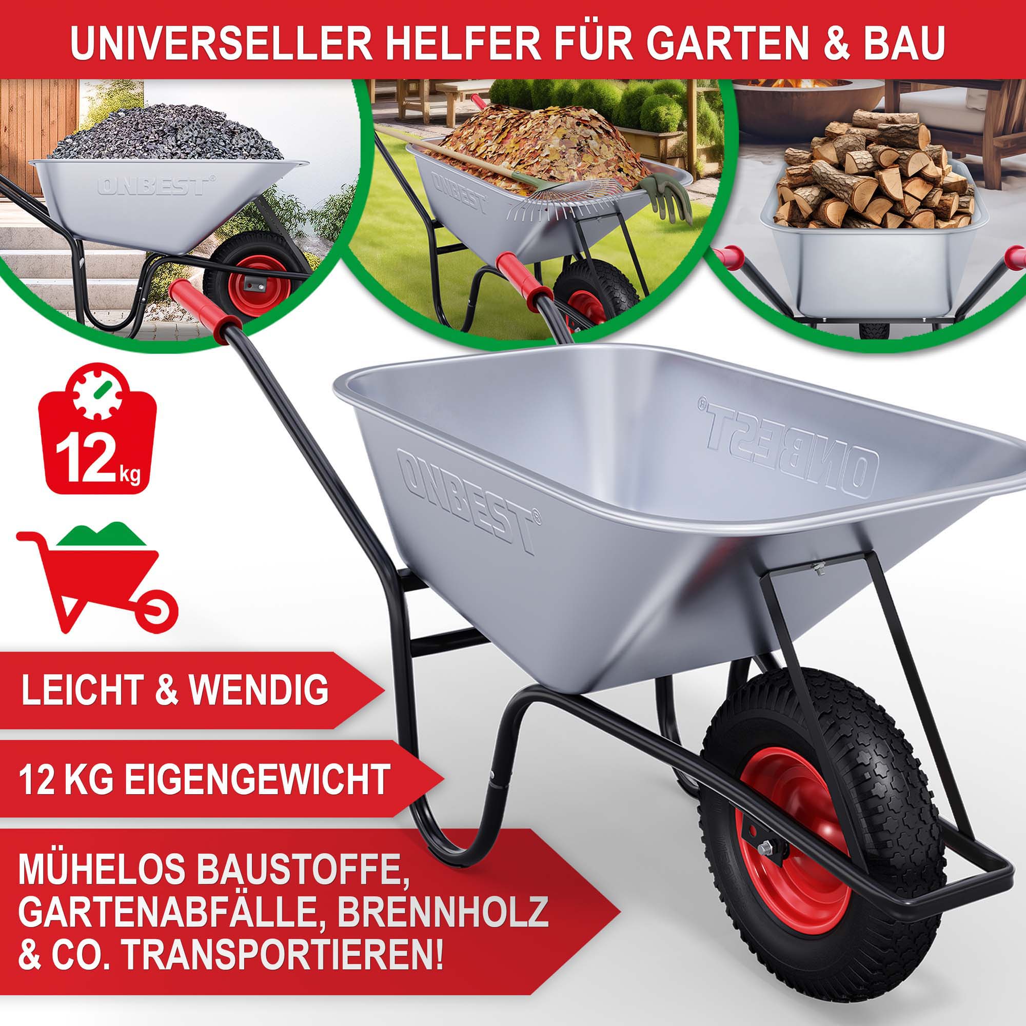 Schubkarre-leicht-wendig-12kg-Eigengewicht-Tranportieren-Transportkarre-Brennholz-Baustoffe-Gartenabfälle-OB