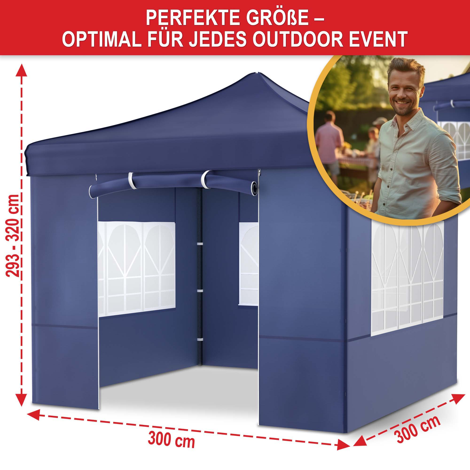 Perfekte Größe für jedes Outdoor-Event - Pavillon blau - 300 cm x 300 cm - Höhe 293-320 cm Schutzdach - Festzelt - Gartenpavillon - Zelt - Pavillon - Eventzelt - Partyzelt - Regenschutz - Sonnenschutz - Überdachung