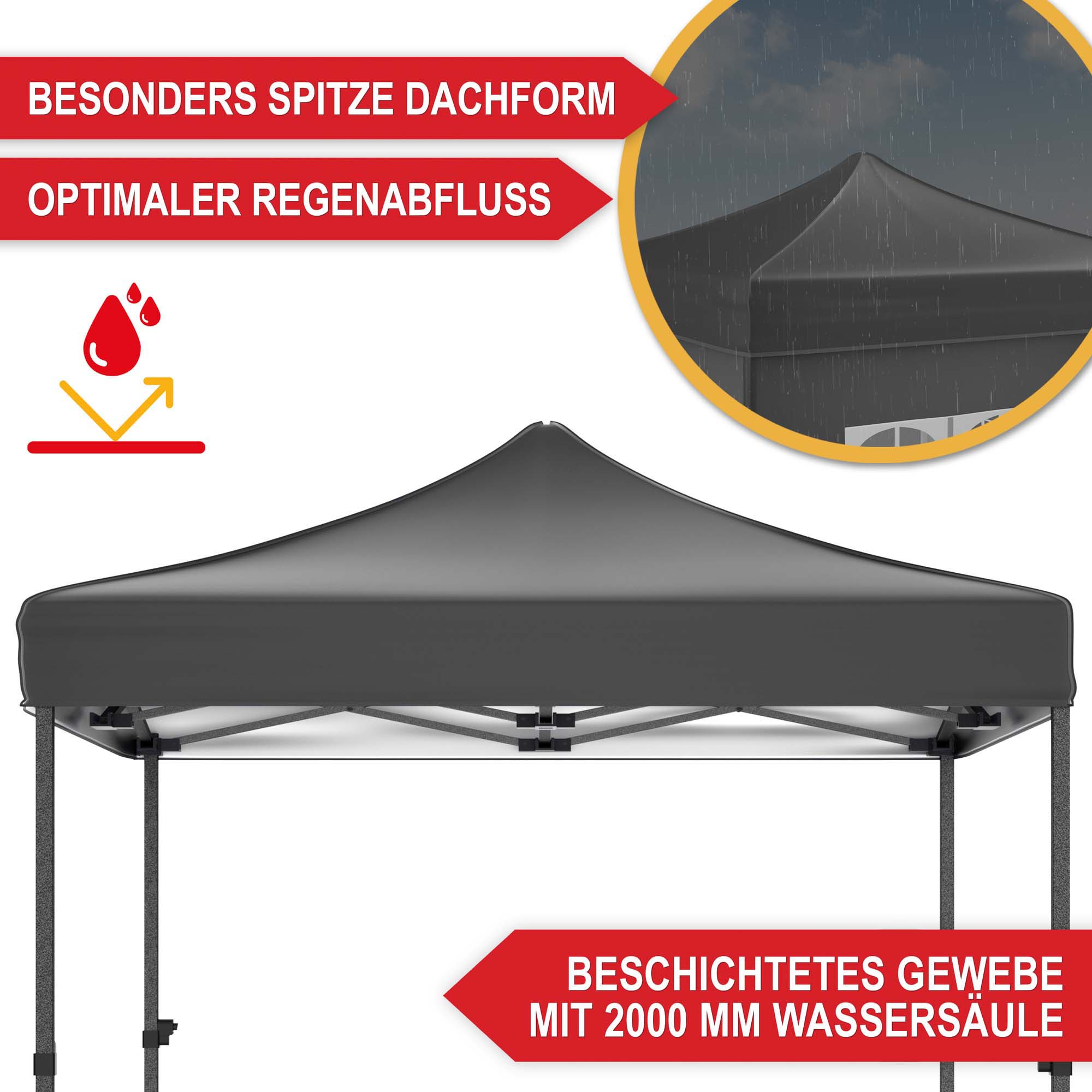 Besonders spitze Dachform - optimaler Regenabfluss - beschichtetes Gewebe mit 2000 mm Wassersäule - Pavillon grau - Schutzdach - Festzelt - Gartenpavillon - Zelt - Eventzelt - Partyzelt - Regenschutz - Sonnenschutz - Überdachung