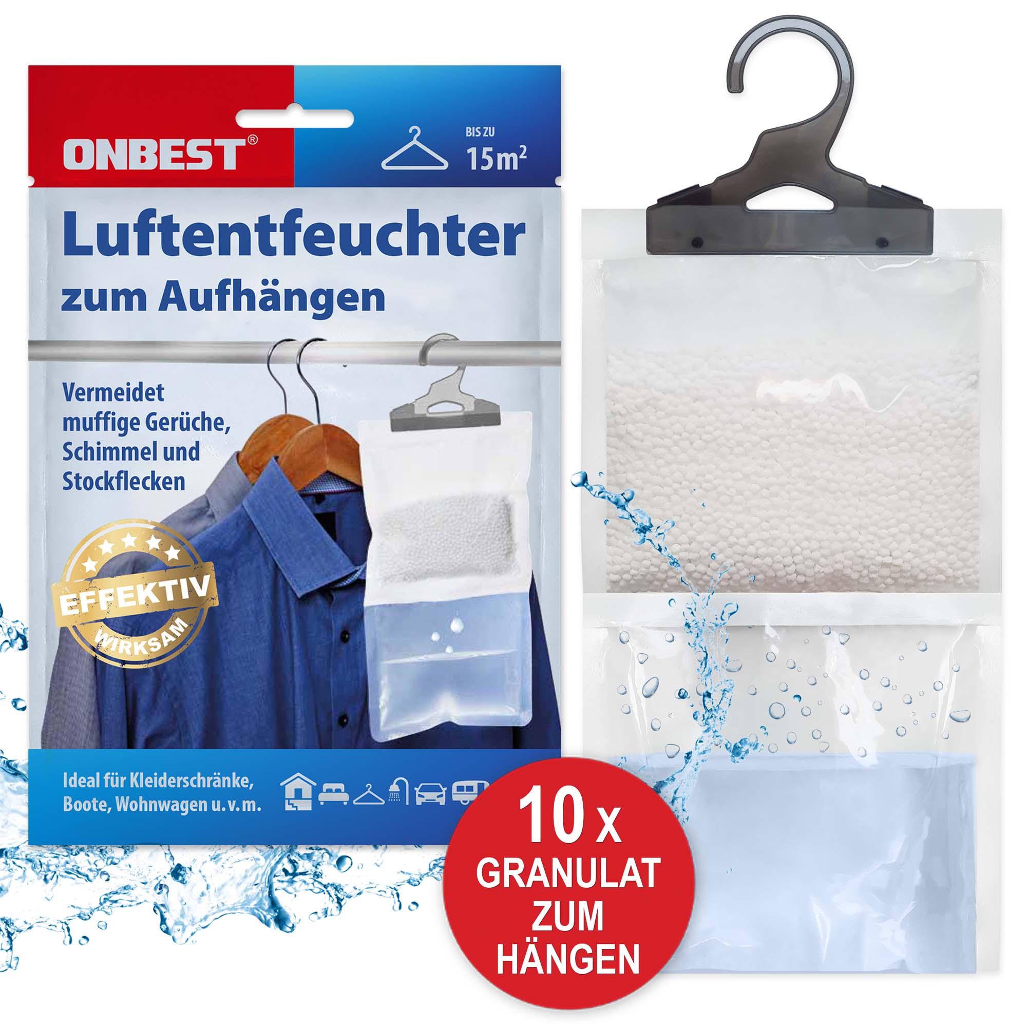 Luftentfeuchter zum Aufhängen 10x Granulat zum Hängen verhindert muffige Gerüche Schimmel und Stockflecken - Feuchtigkeitsabsorber Lufttrockner Raumentfeuchter Feuchtigkeitsregler Trocknungssäckchen Hängender Entfeuchter