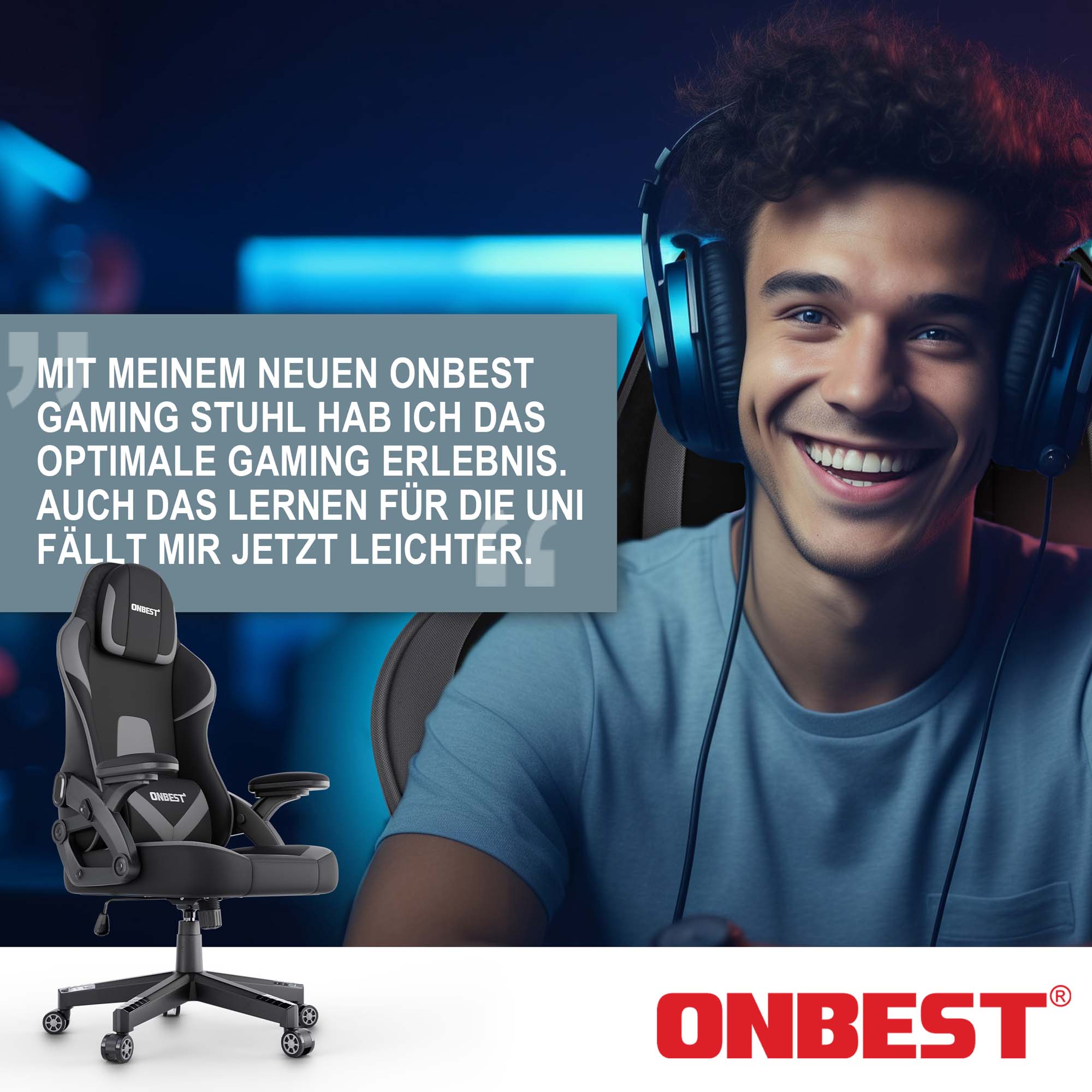 ONBEST Gaming Stuhl schwarz-grau schwarz-blau optimal für Gaming und Lernen