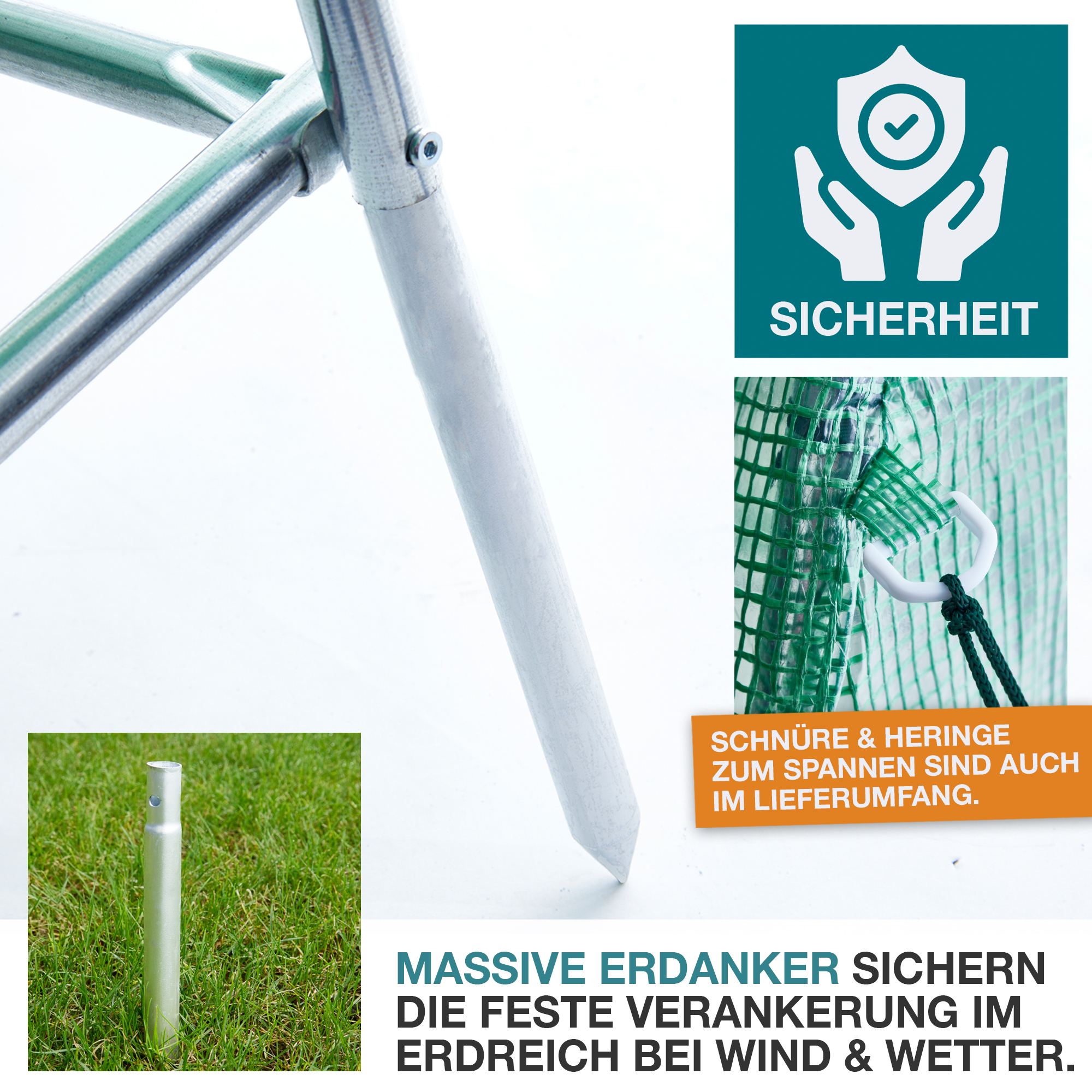 Gewächshaus - Massiver Erdanker sichern die feste Verankerung - Stabilität und Sicherheit - Erdanker - Windschutz - Wetterfest