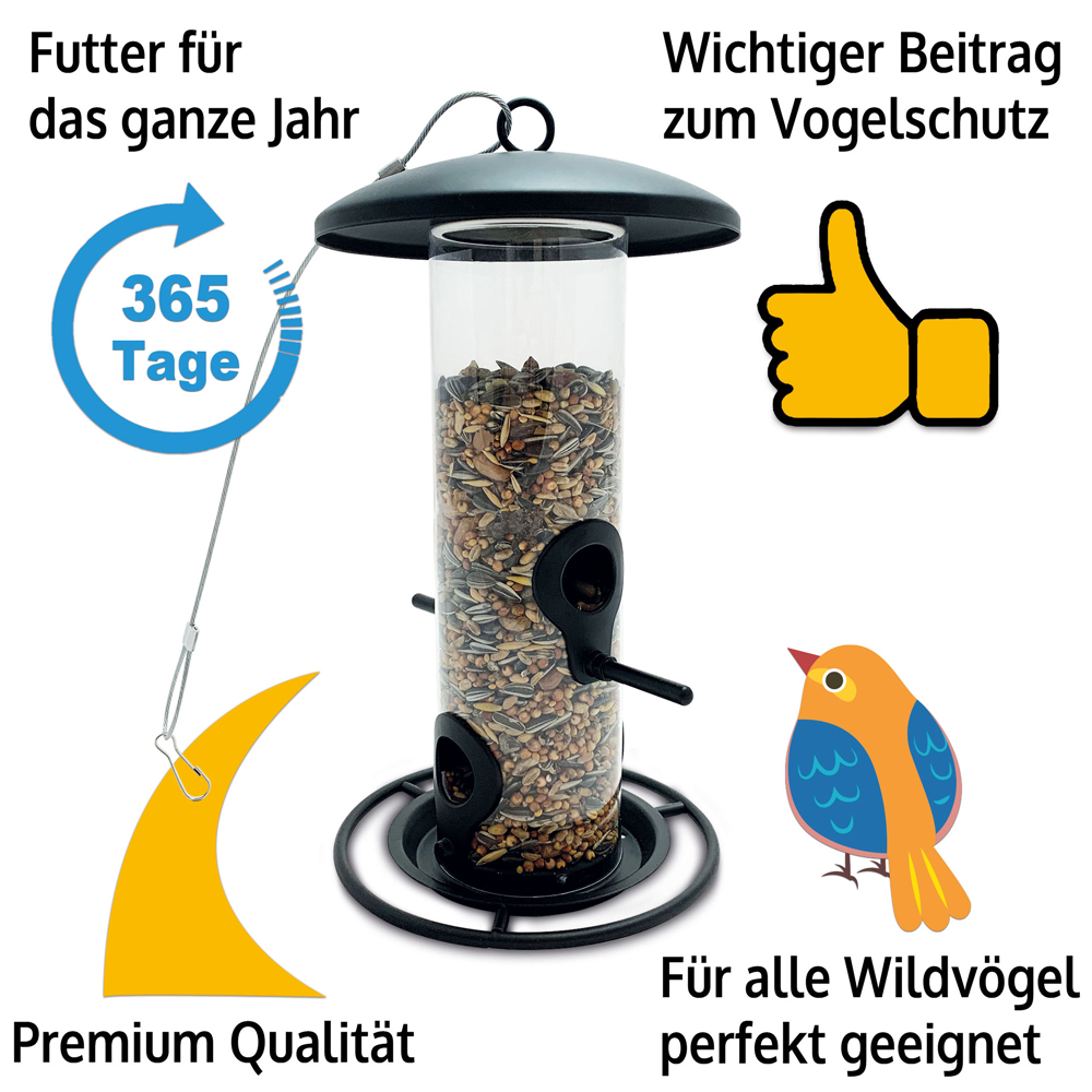 Das Futtersilo bietet das ganze Jahr über Premium-Qualität und ist perfekt für alle Wildvögel geeignet. Es trägt einen wichtigen Beitrag zum Vogelschutz bei und sorgt für eine sichere und kontinuierliche Futterversorgung deiner gefiederten Freunde