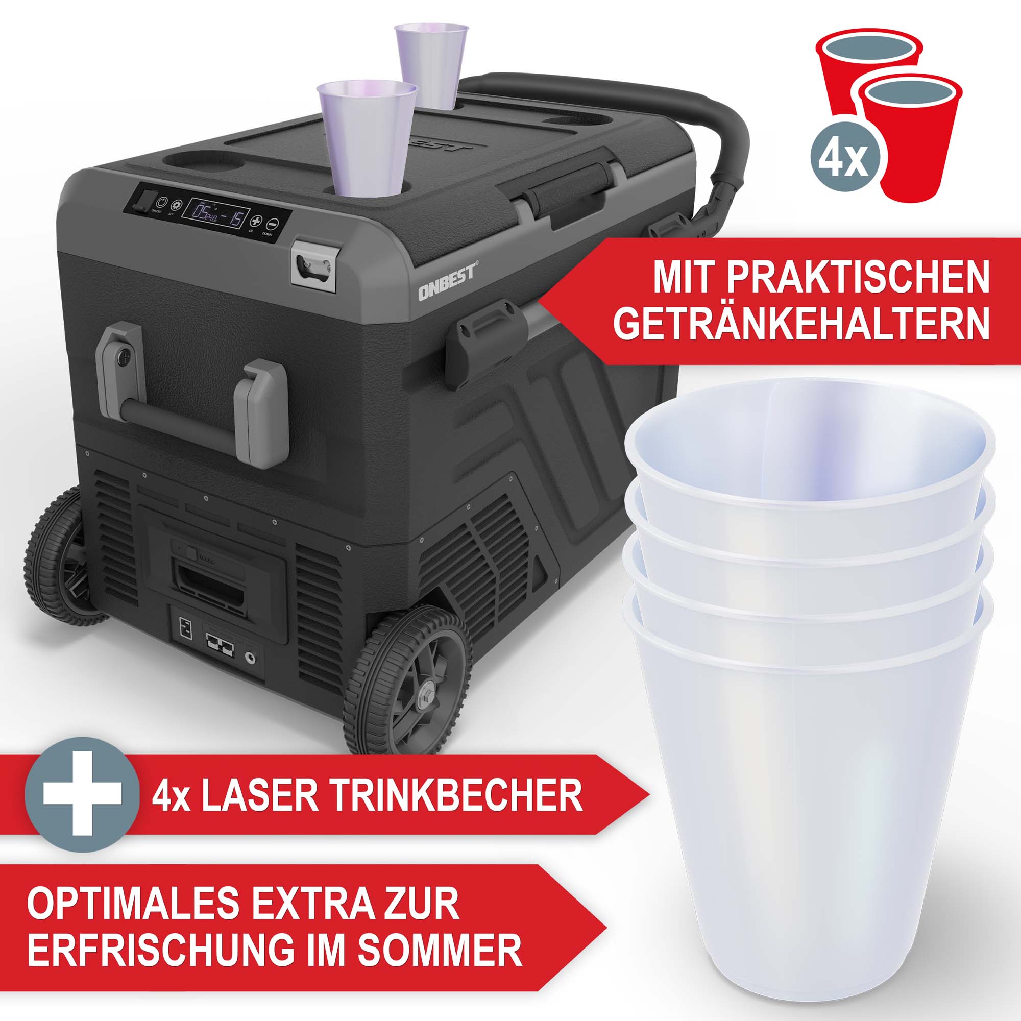 Sommerliche Erfrischungen leicht gemacht mit Kühlbox und 4 Laser-Trinkbechern